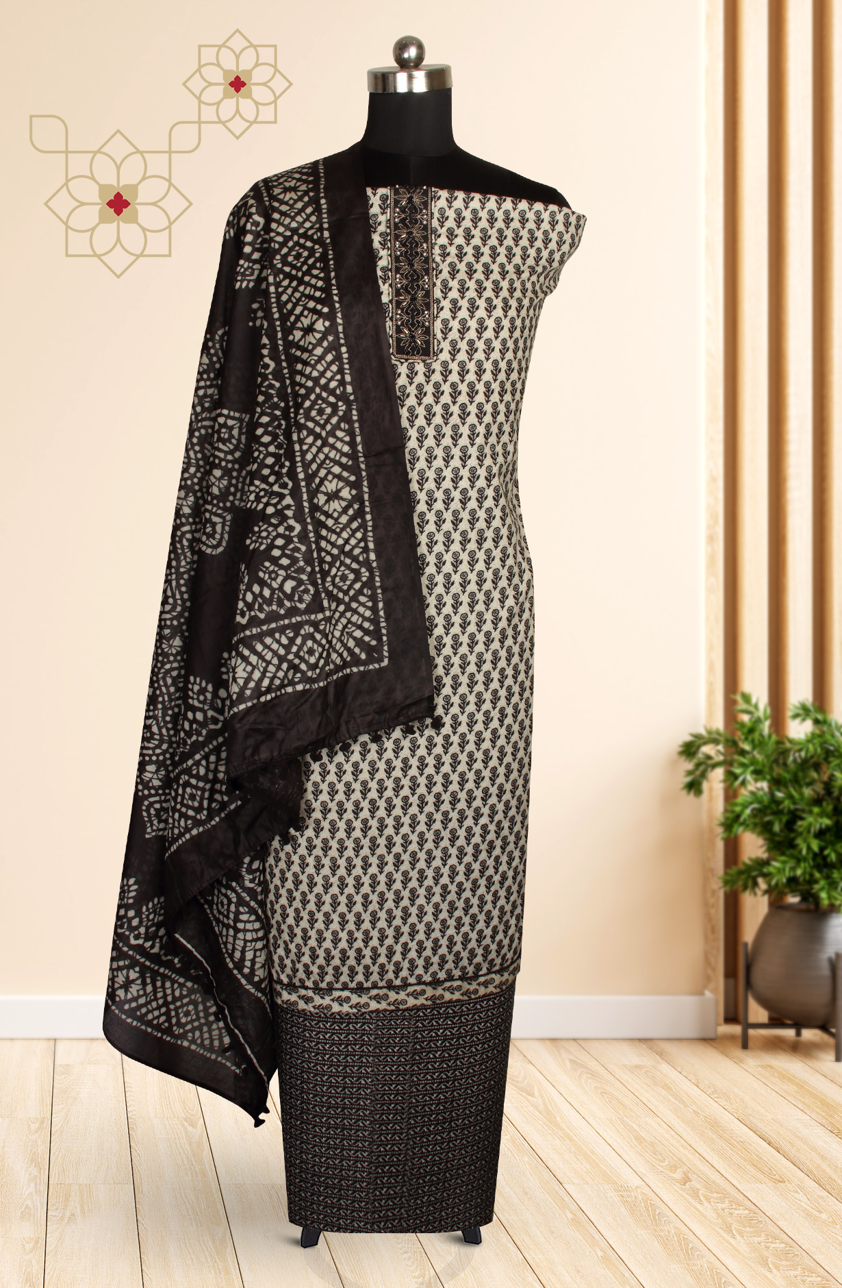 Black Cotton Printed Unstitched Salwar Suit - 983-4259C