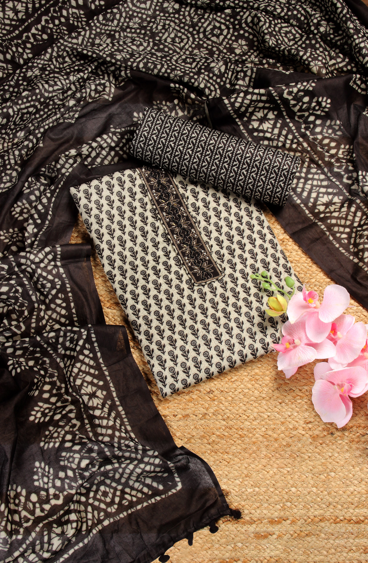 Black Cotton Printed Unstitched Salwar Suit - 983-4259C