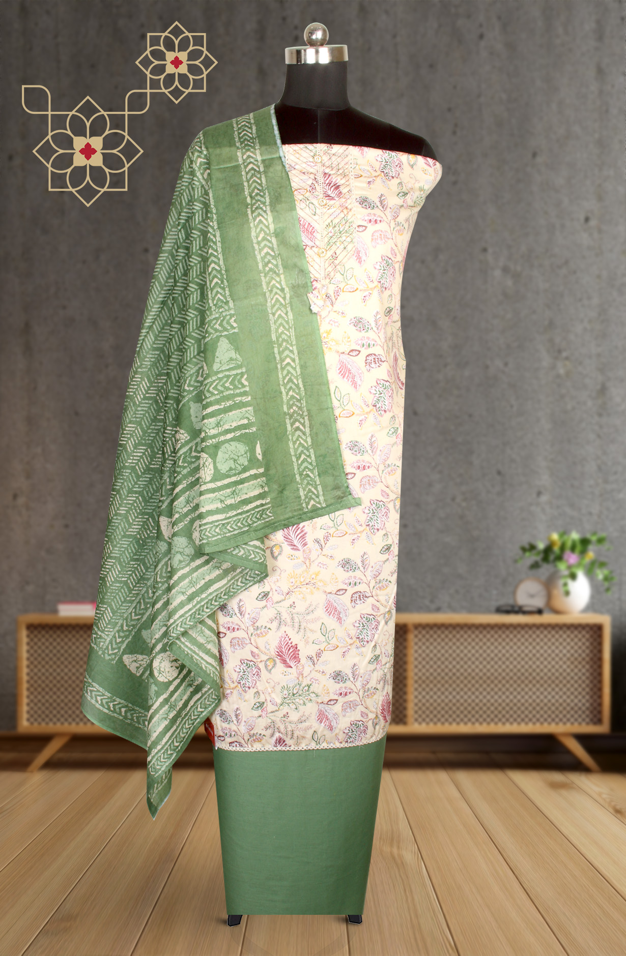 Cream Cotton Print Salwar Kameez - 983-4332