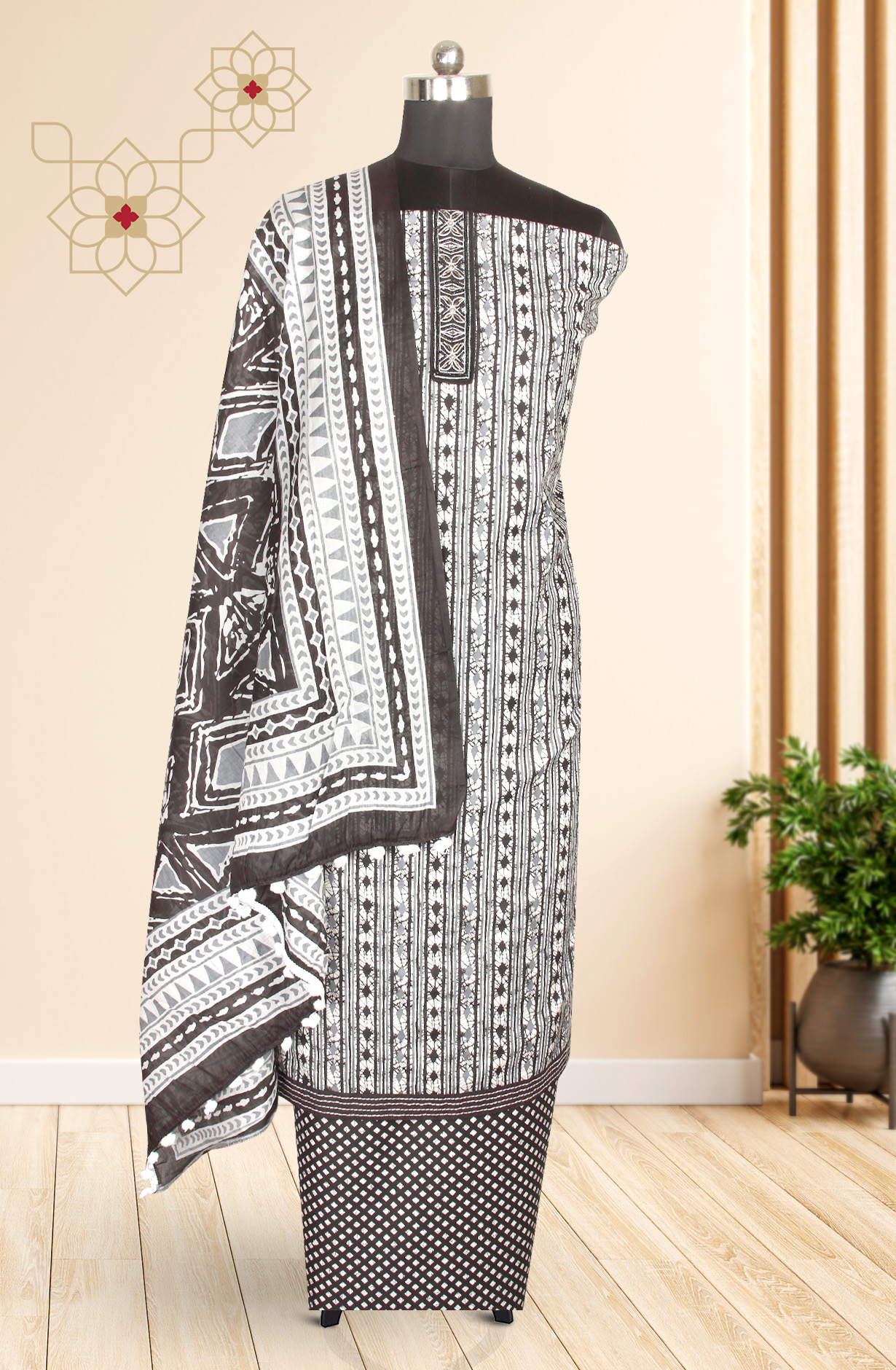 Black and White Cotton Print Salwar Suit - 983-4335
