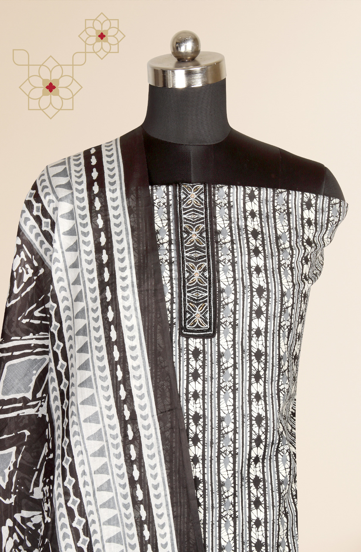 Black and White Cotton Print Salwar Suit - 983-4335