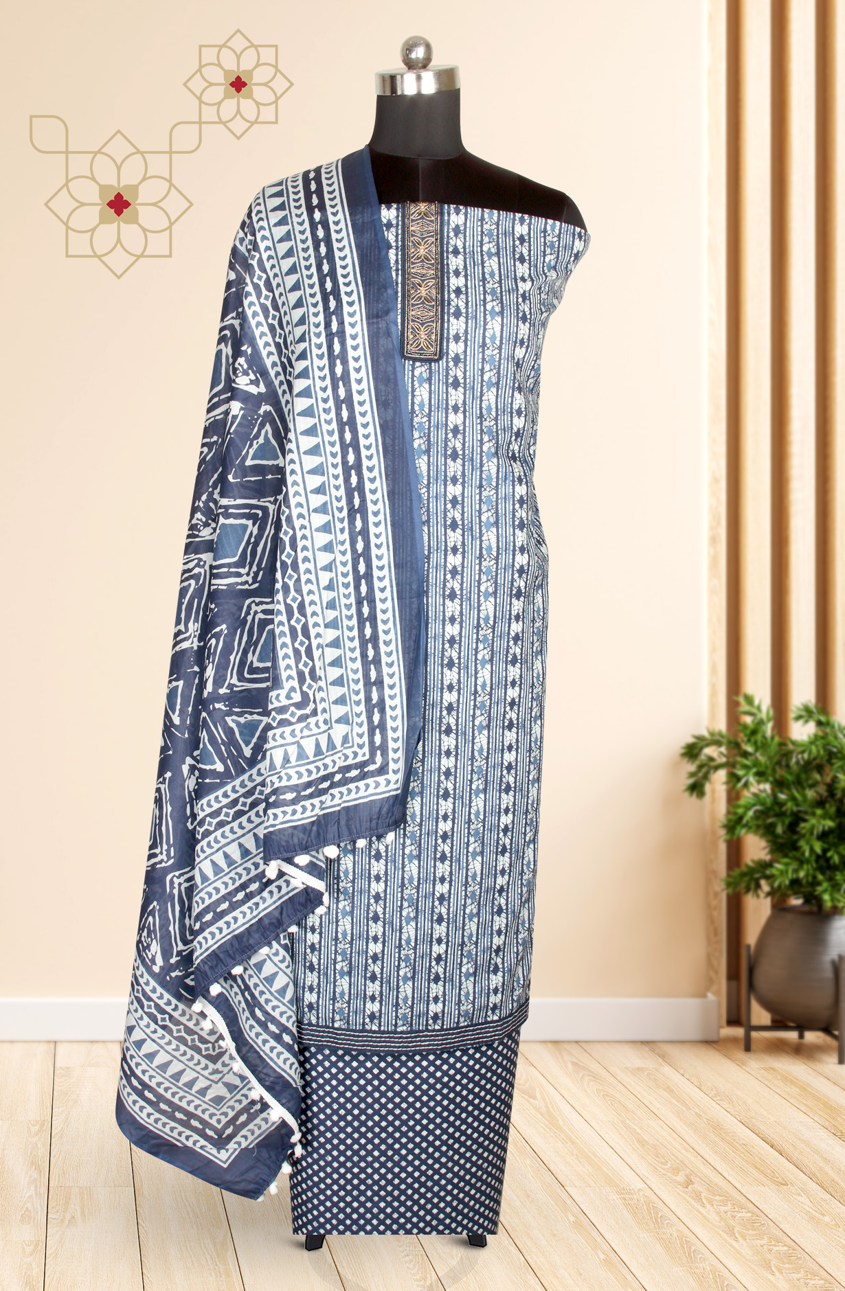 Blue and White Cotton Print Salwar Suit - 983-4335A