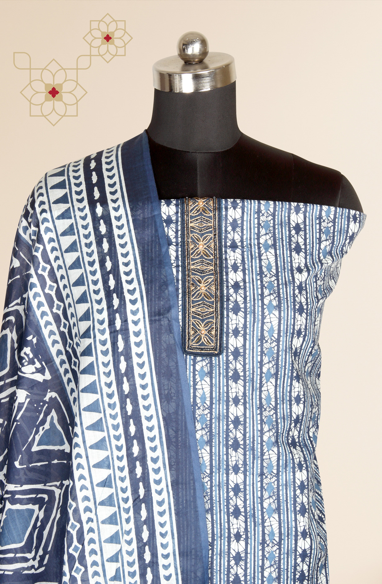 Blue and White Cotton Print Salwar Suit - 983-4335A