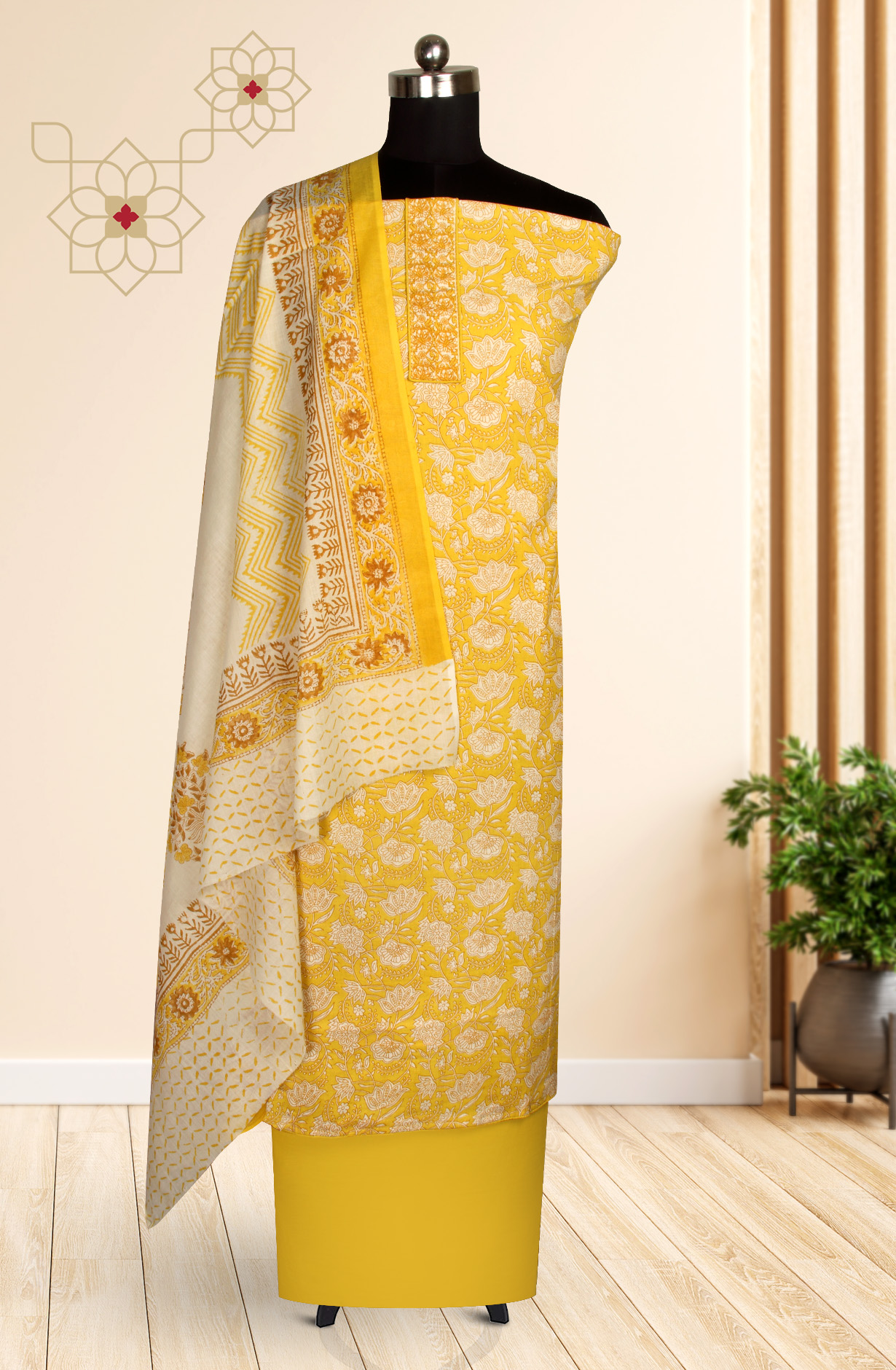 Mustard Cotton Printed Unstitched Salwar Suit - 983-4360