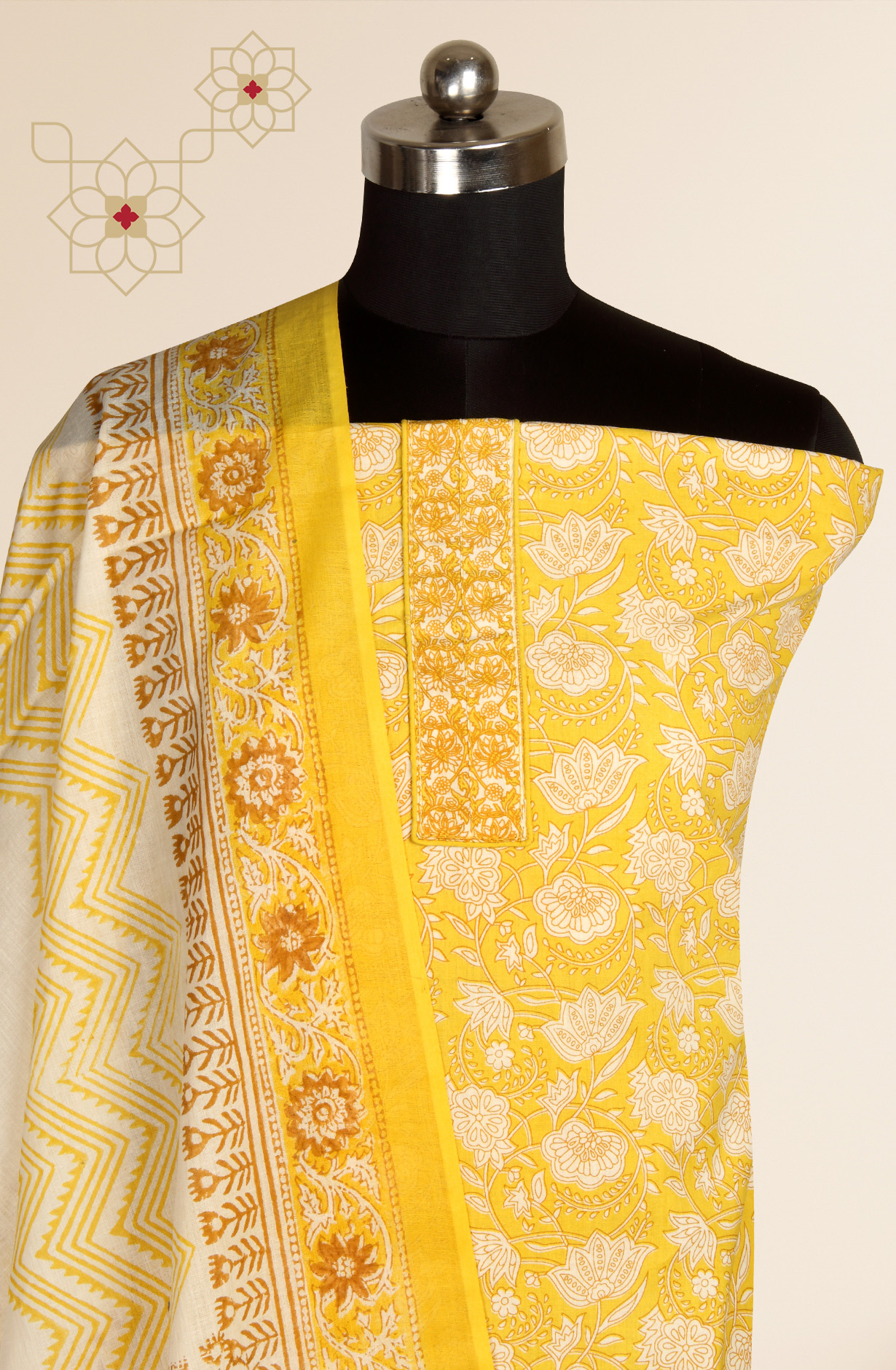 Mustard Cotton Printed Unstitched Salwar Suit - 983-4360