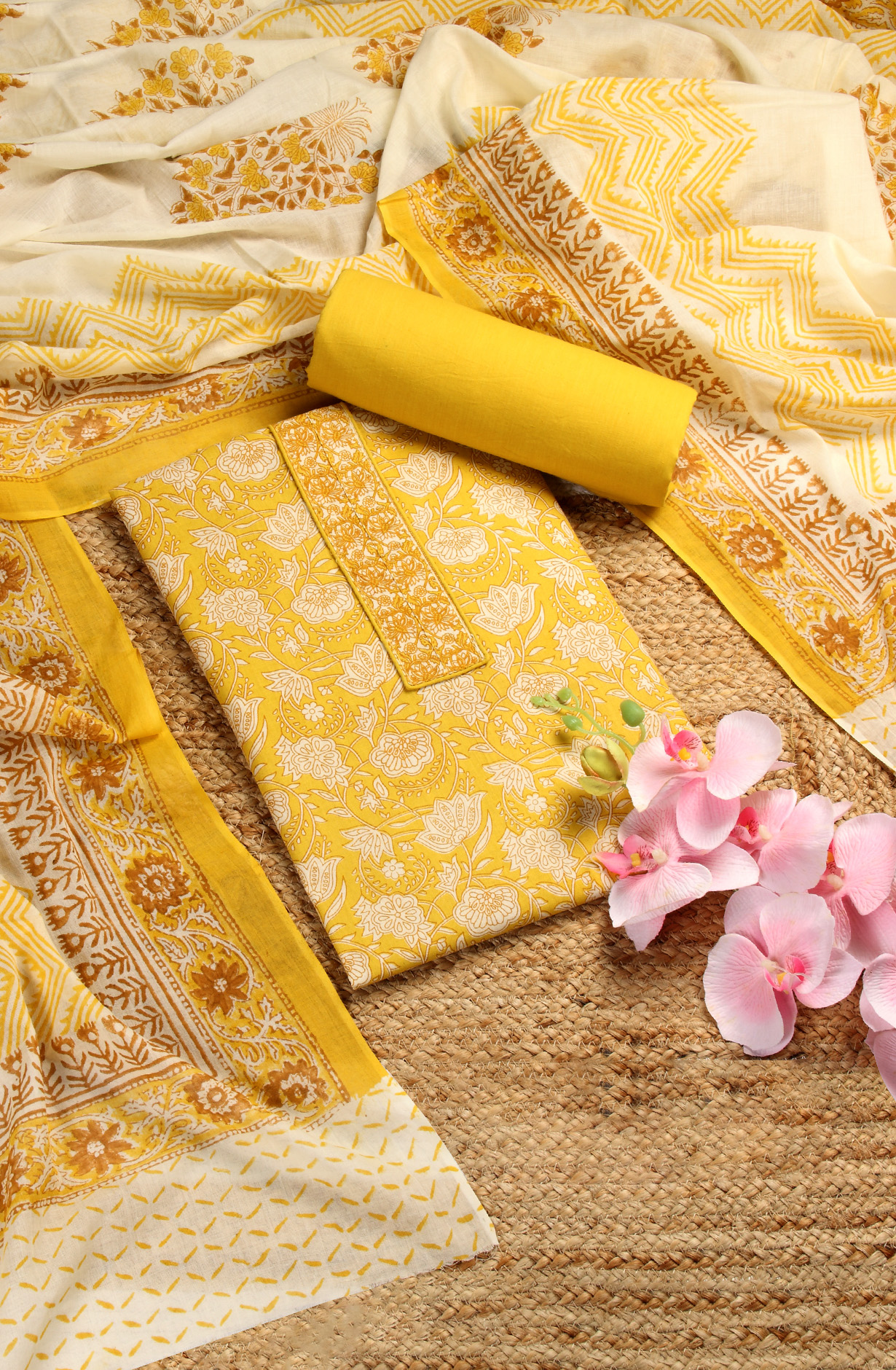 Mustard Cotton Printed Unstitched Salwar Suit - 983-4360