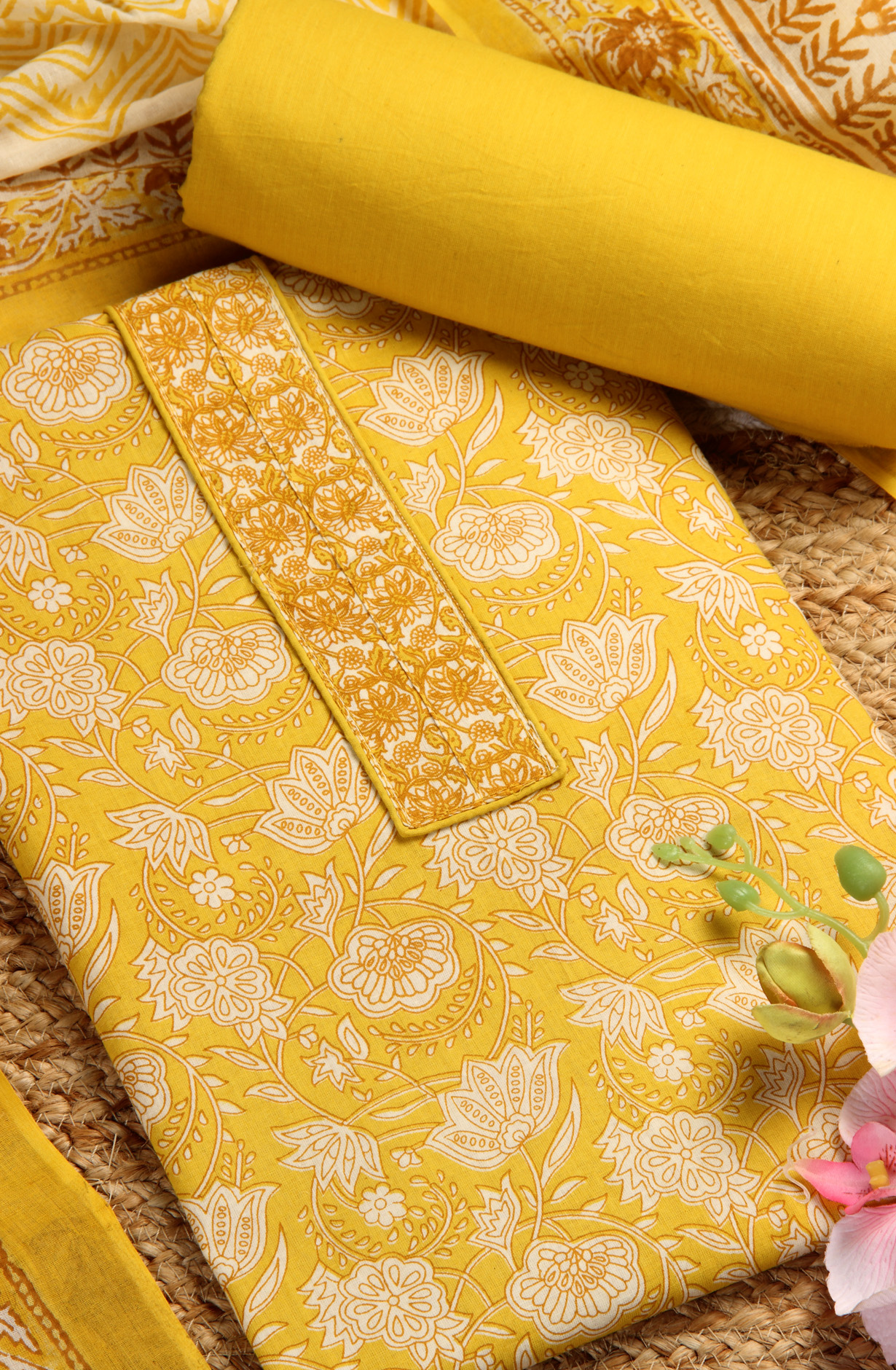 Mustard Cotton Printed Unstitched Salwar Suit - 983-4360