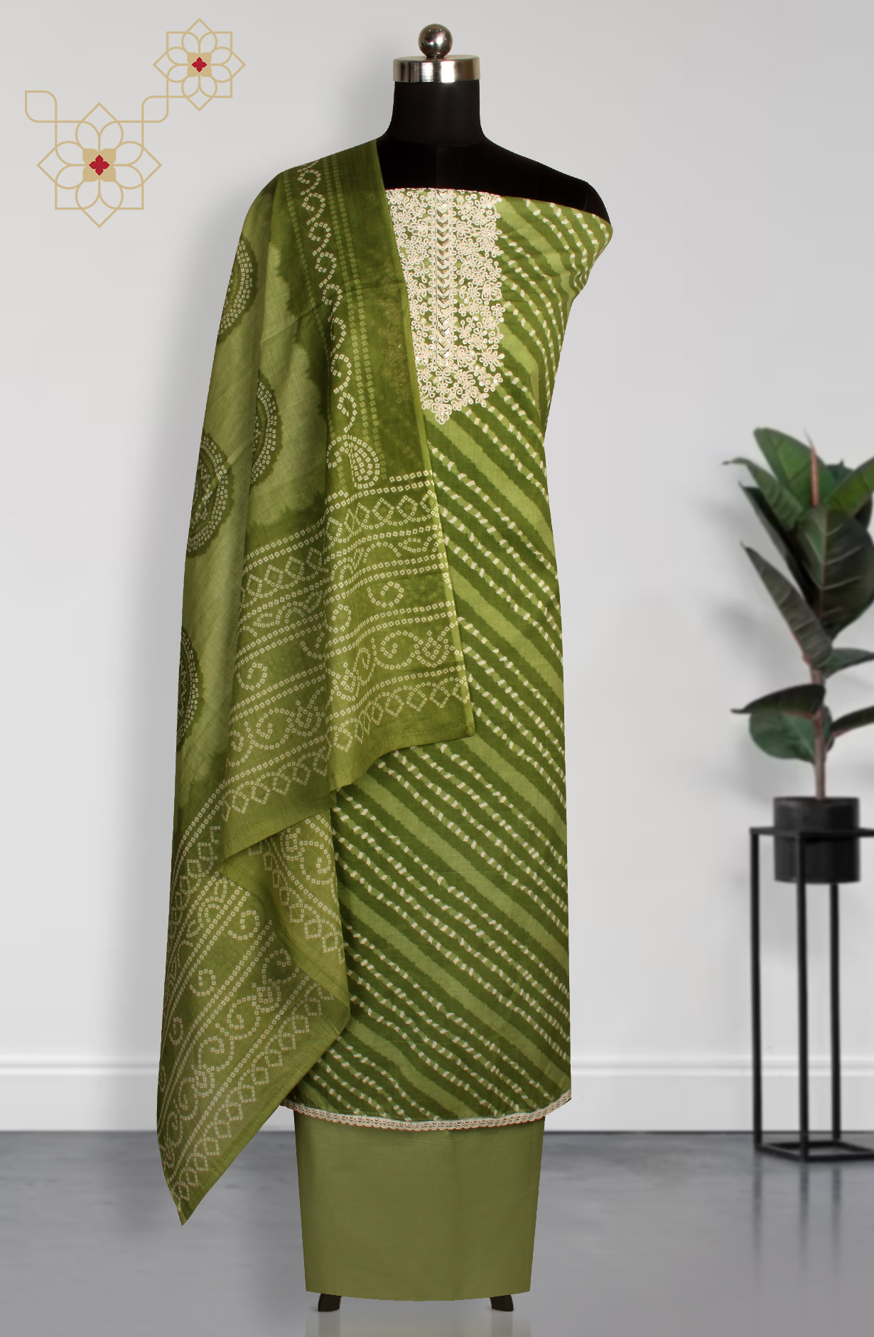 Mehndi Green Cotton Printed Unstitched Salwar Dress Material - 983-4369B