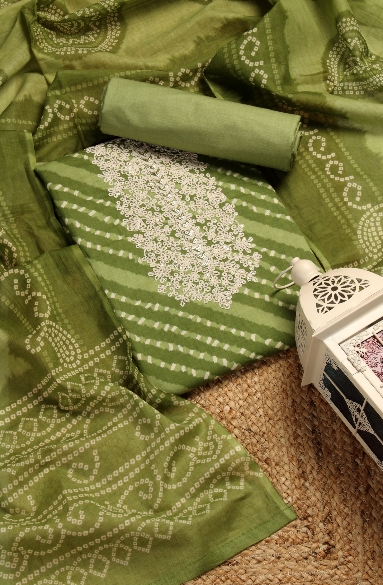 Mehndi Green Cotton Printed Unstitched Salwar Dress Material - 983-4369B