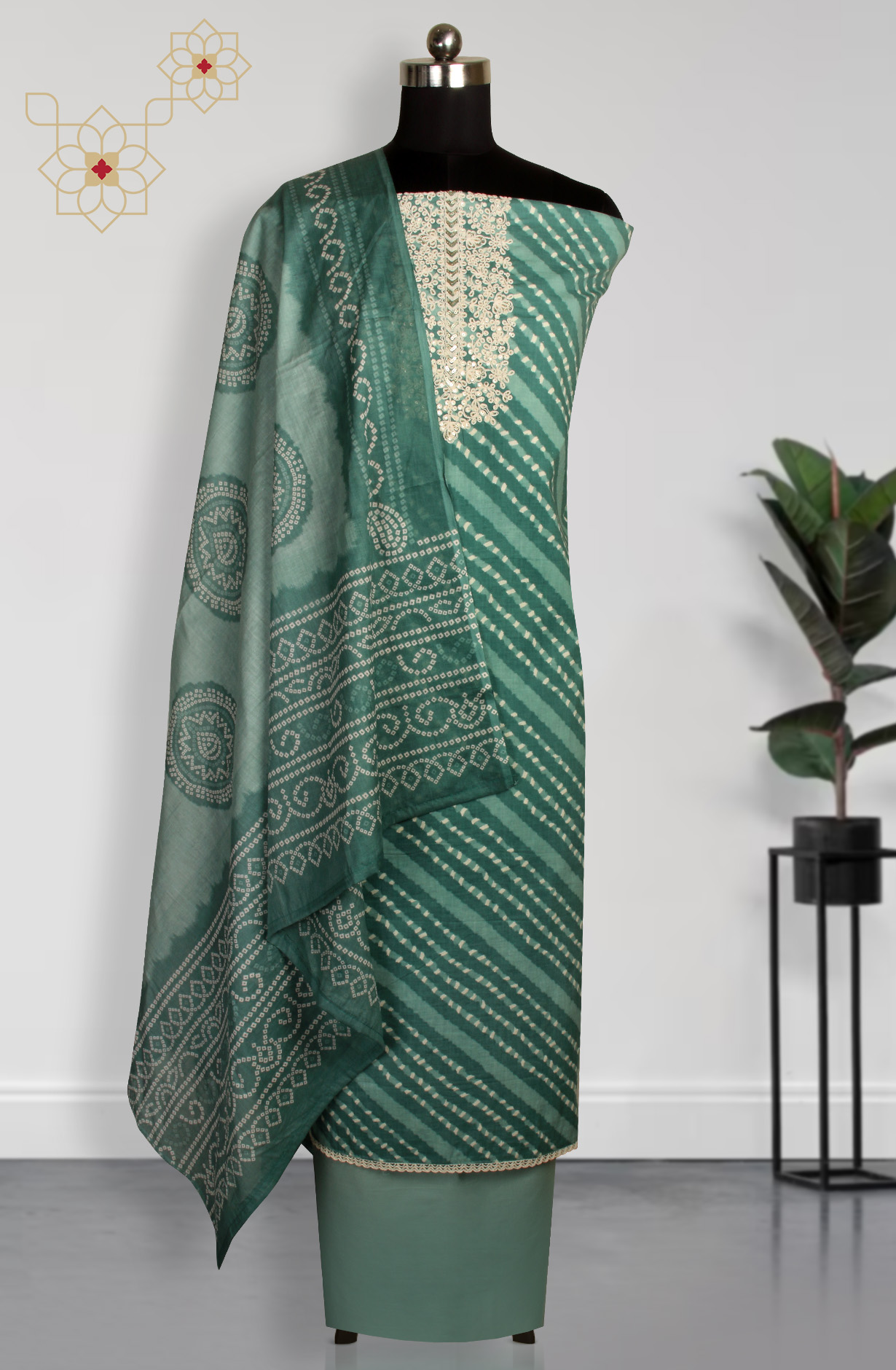 Green Cotton Printed Unstitched Salwar Dress Material - 983-4369C