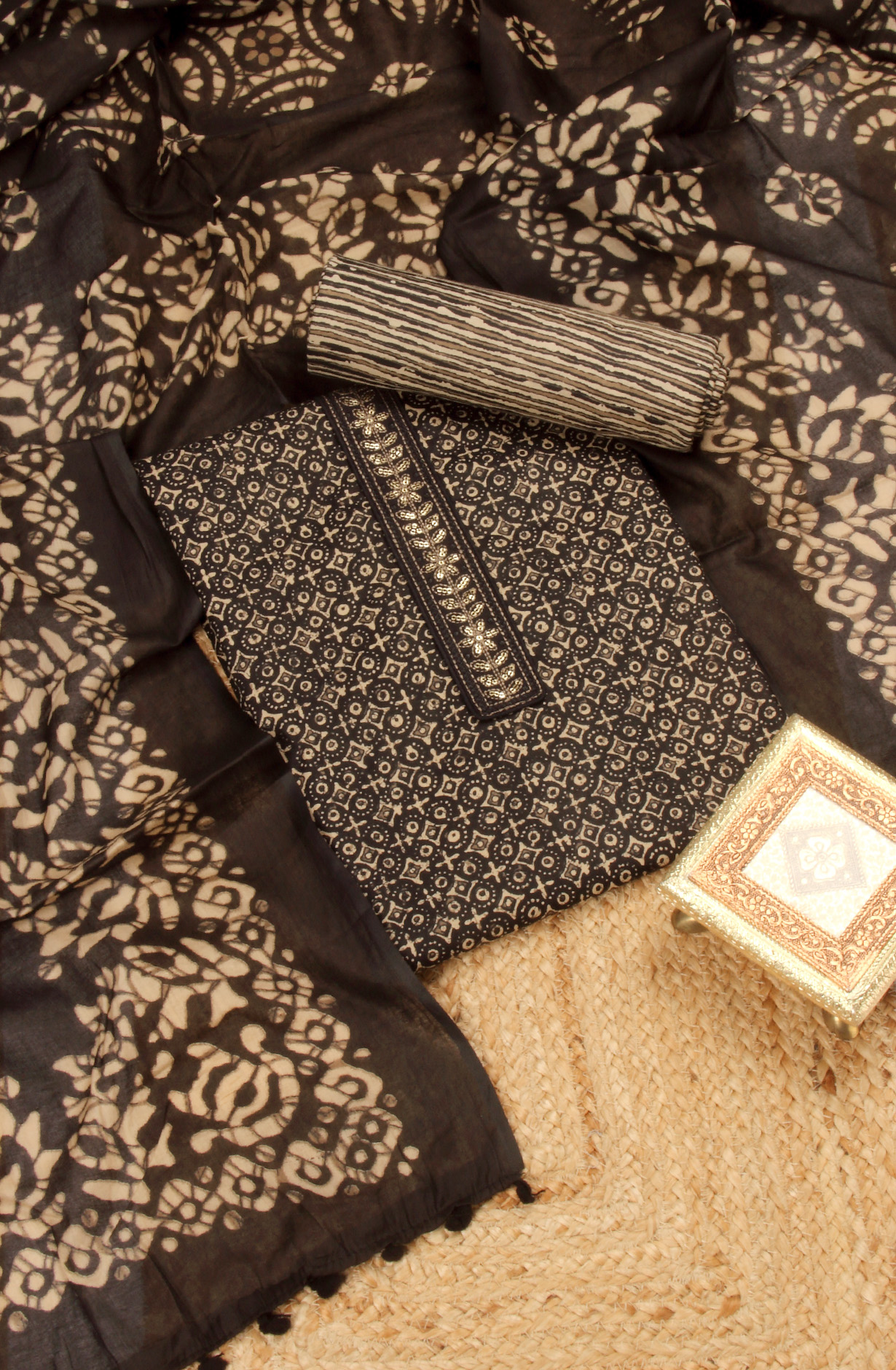 Black Cotton Unstitched Printed Salwar Dress Material - 983-4376