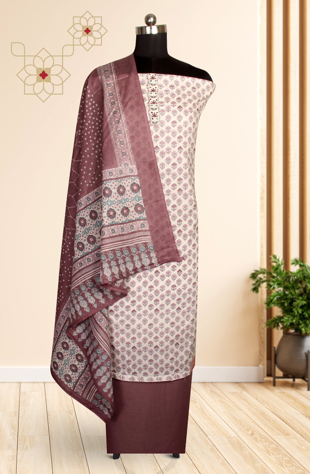 Mauve Cotton Printed Unstitched Salwar Suit - 983-4389