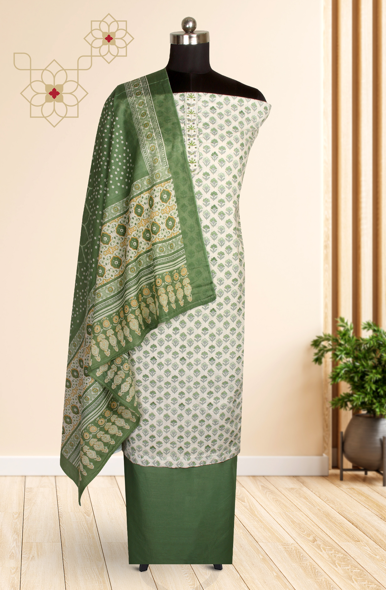 Green Cotton Printed Unstitched Salwar Suit - 983-4389A
