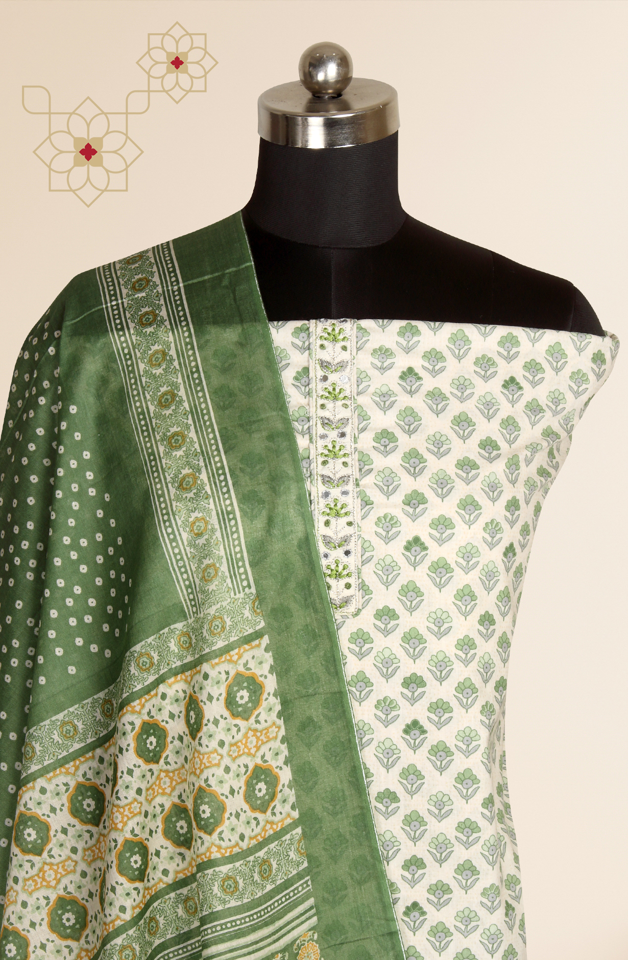 Green Cotton Printed Unstitched Salwar Suit - 983-4389A