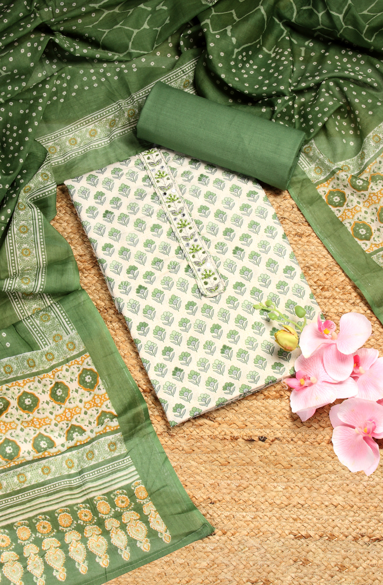 Green Cotton Printed Unstitched Salwar Suit - 983-4389A