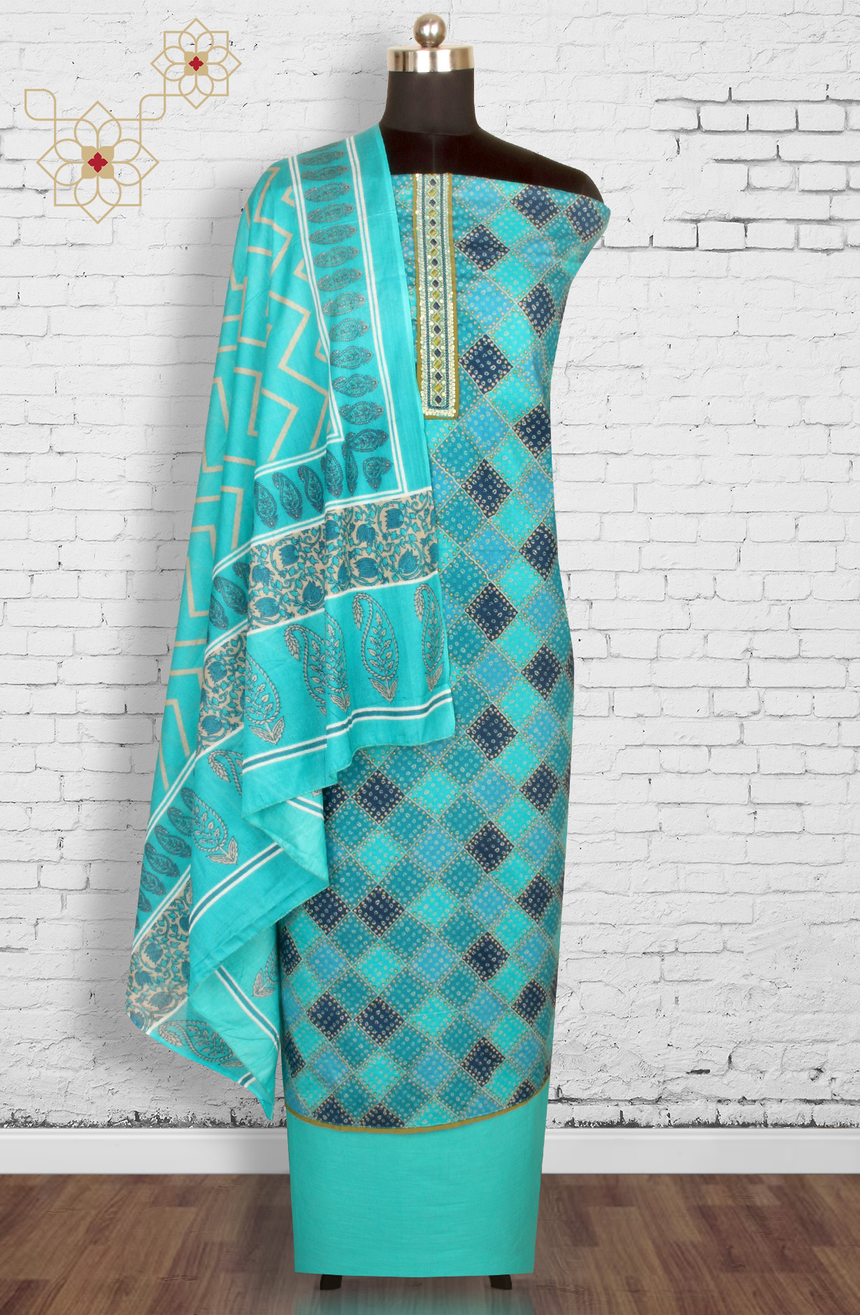 Firozi Cotton Unstitched Printed Salwar Dress Material - 983-4390
