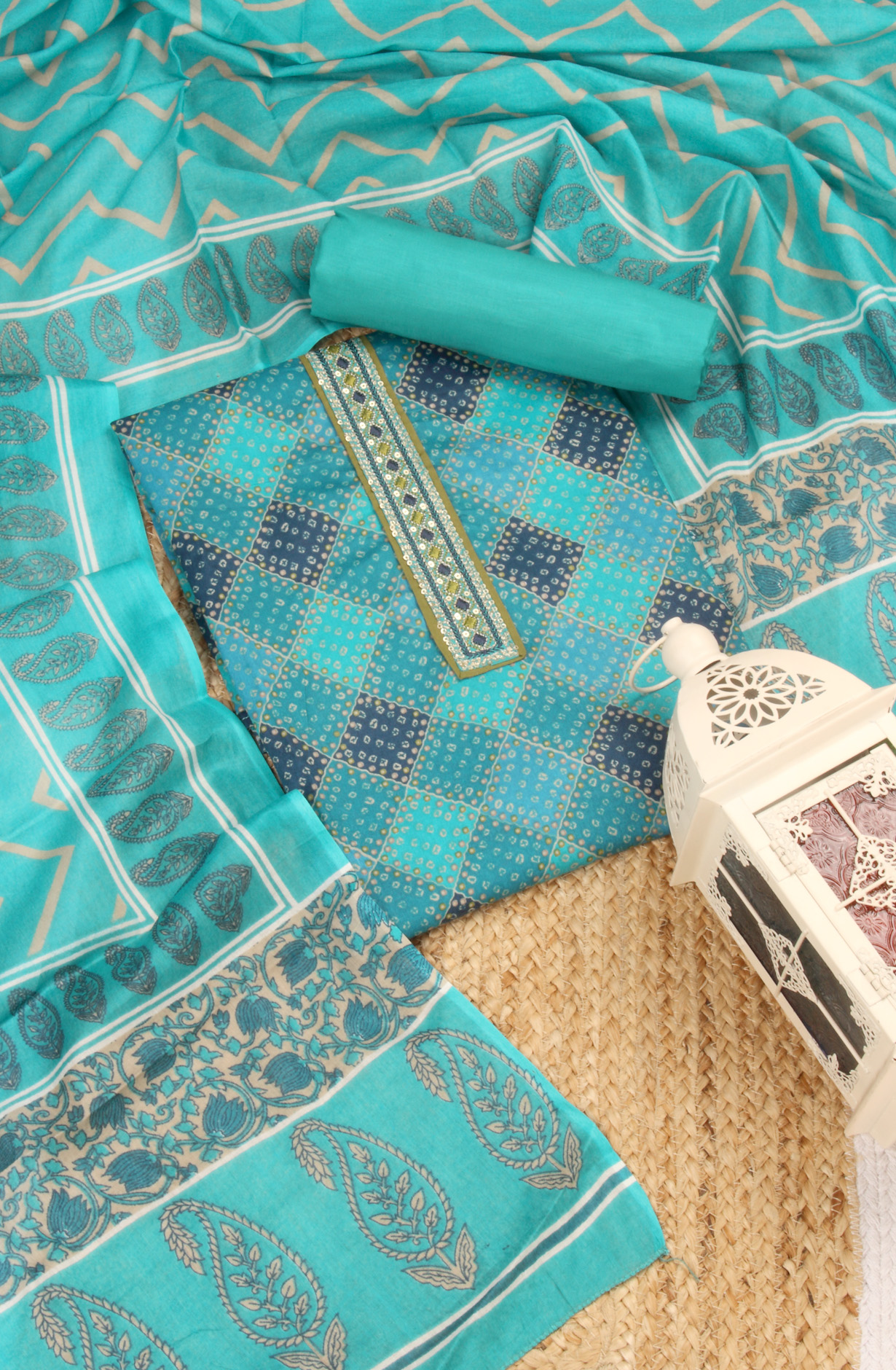 Firozi Cotton Unstitched Printed Salwar Dress Material - 983-4390