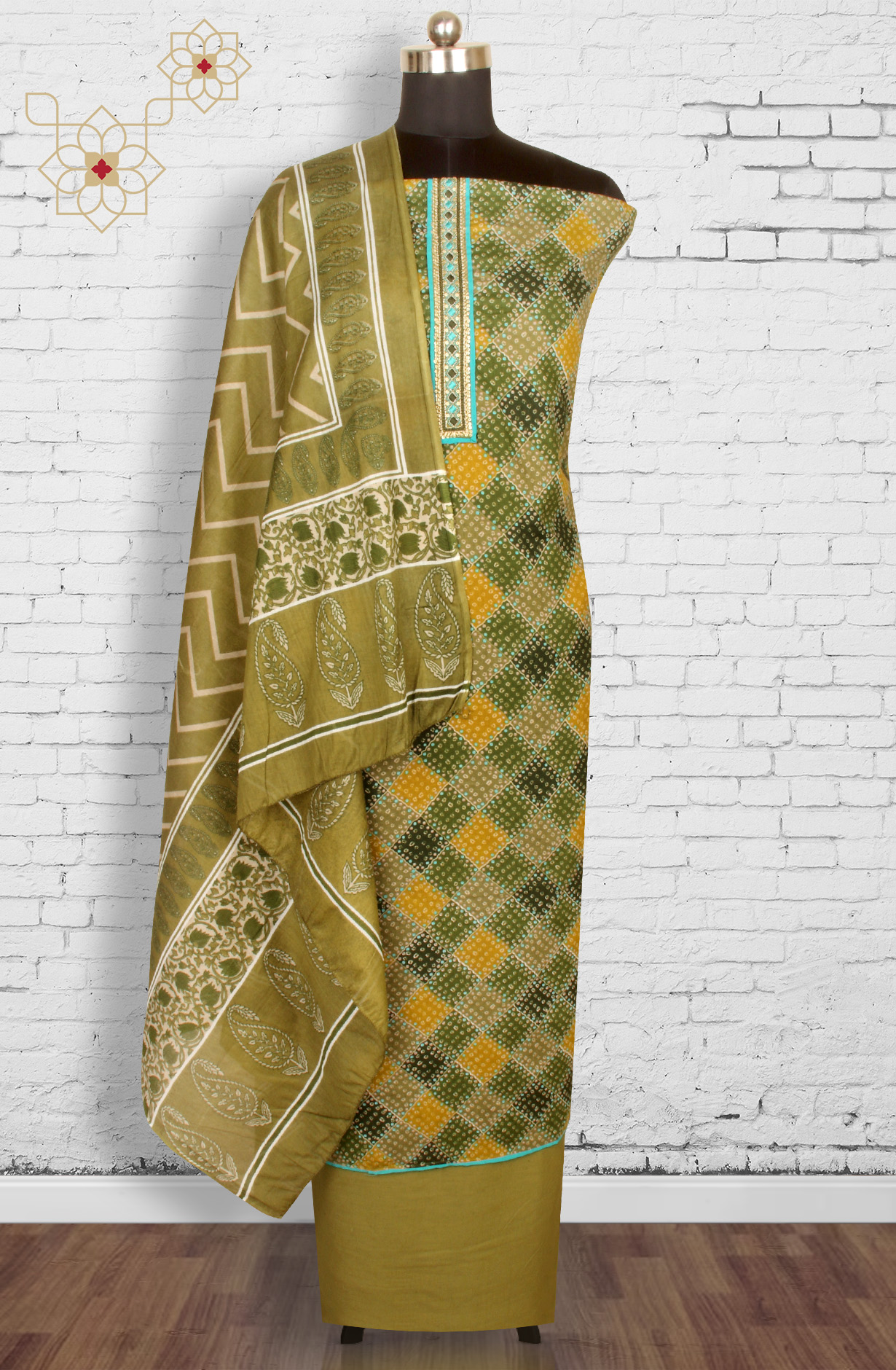 Mehndi Cotton Unstitched Printed Salwar Dress Material - 983-4390A