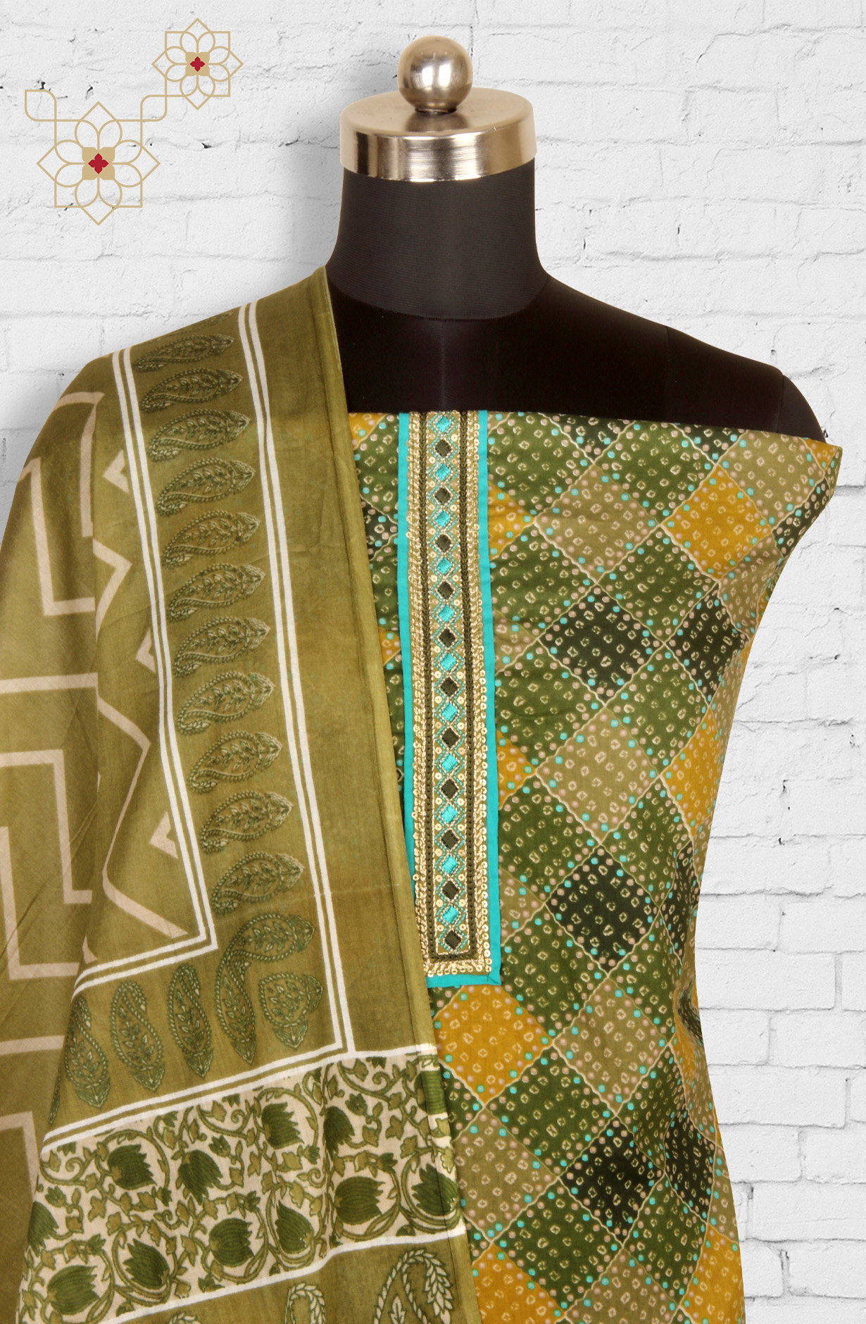 Mehndi Cotton Unstitched Printed Salwar Dress Material - 983-4390A