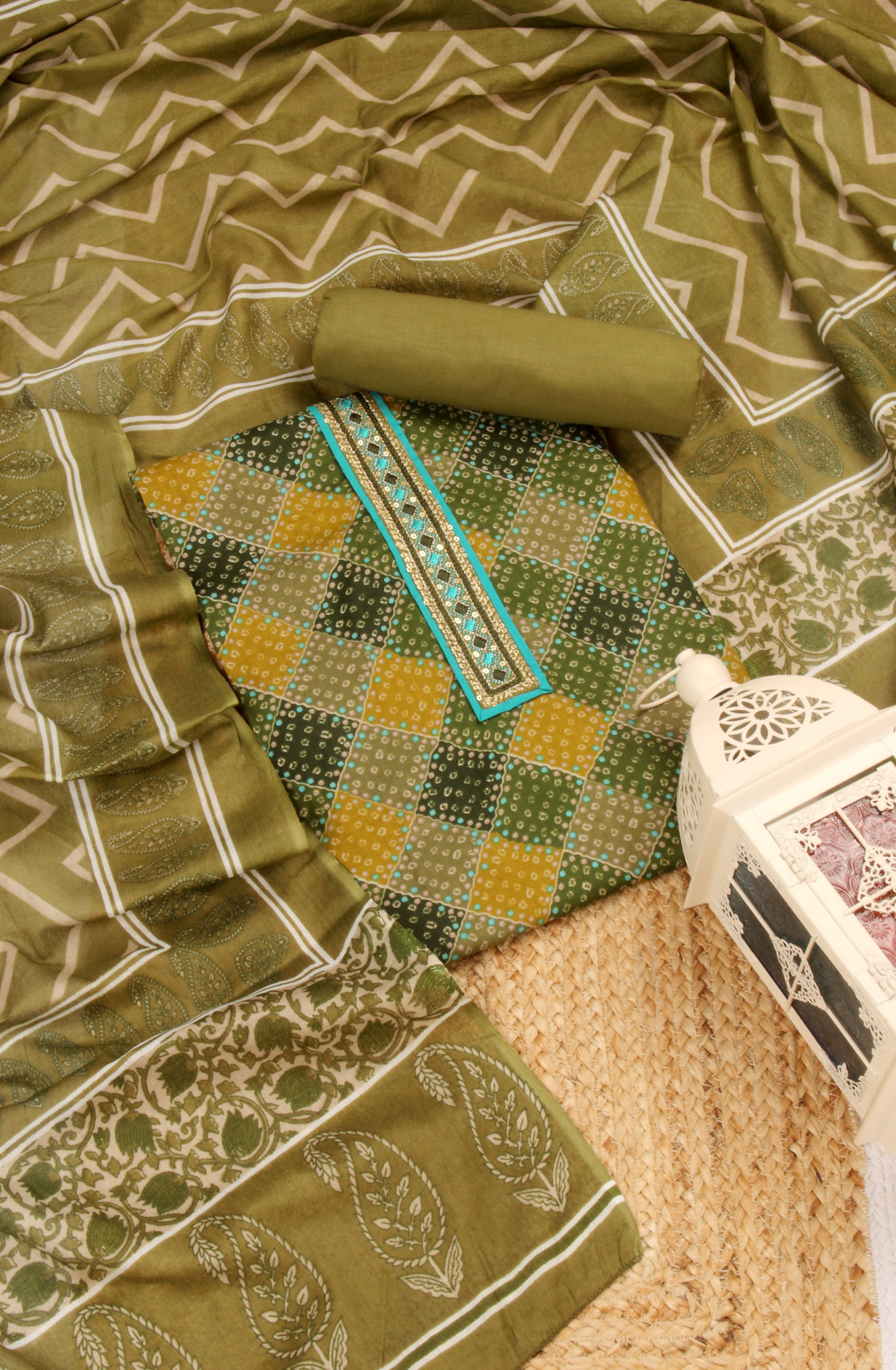 Mehndi Cotton Unstitched Printed Salwar Dress Material - 983-4390A