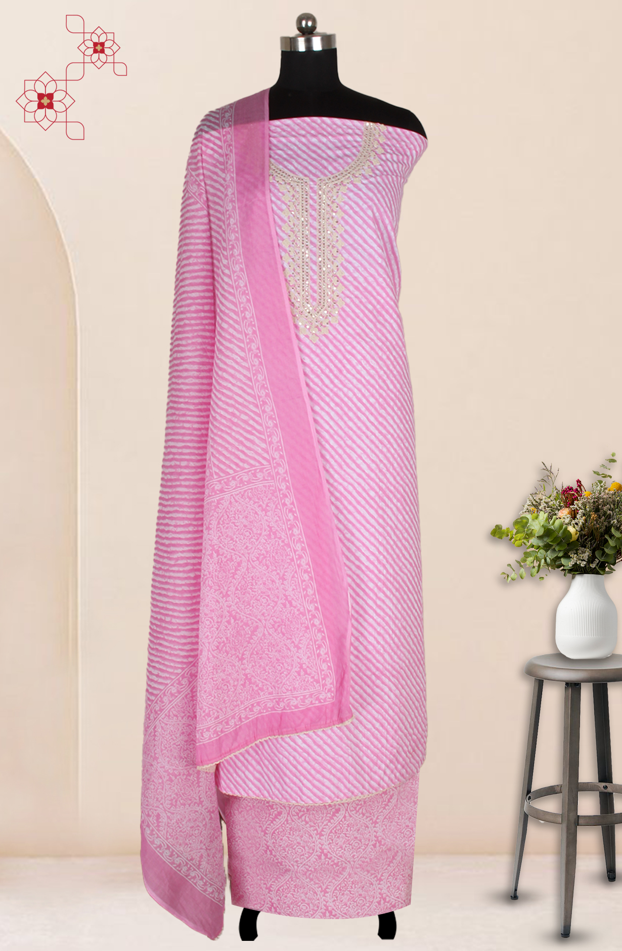 Baby Pink Cotton Embroidered Salwar Suit Fabric with Trendy Dupatta - 983-4402-19A