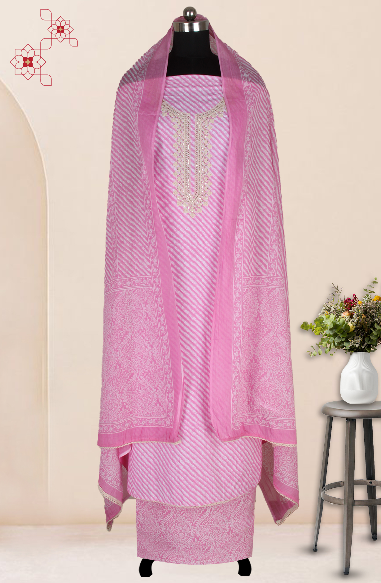 Baby Pink Cotton Embroidered Salwar Suit Fabric with Trendy Dupatta - 983-4402-19A
