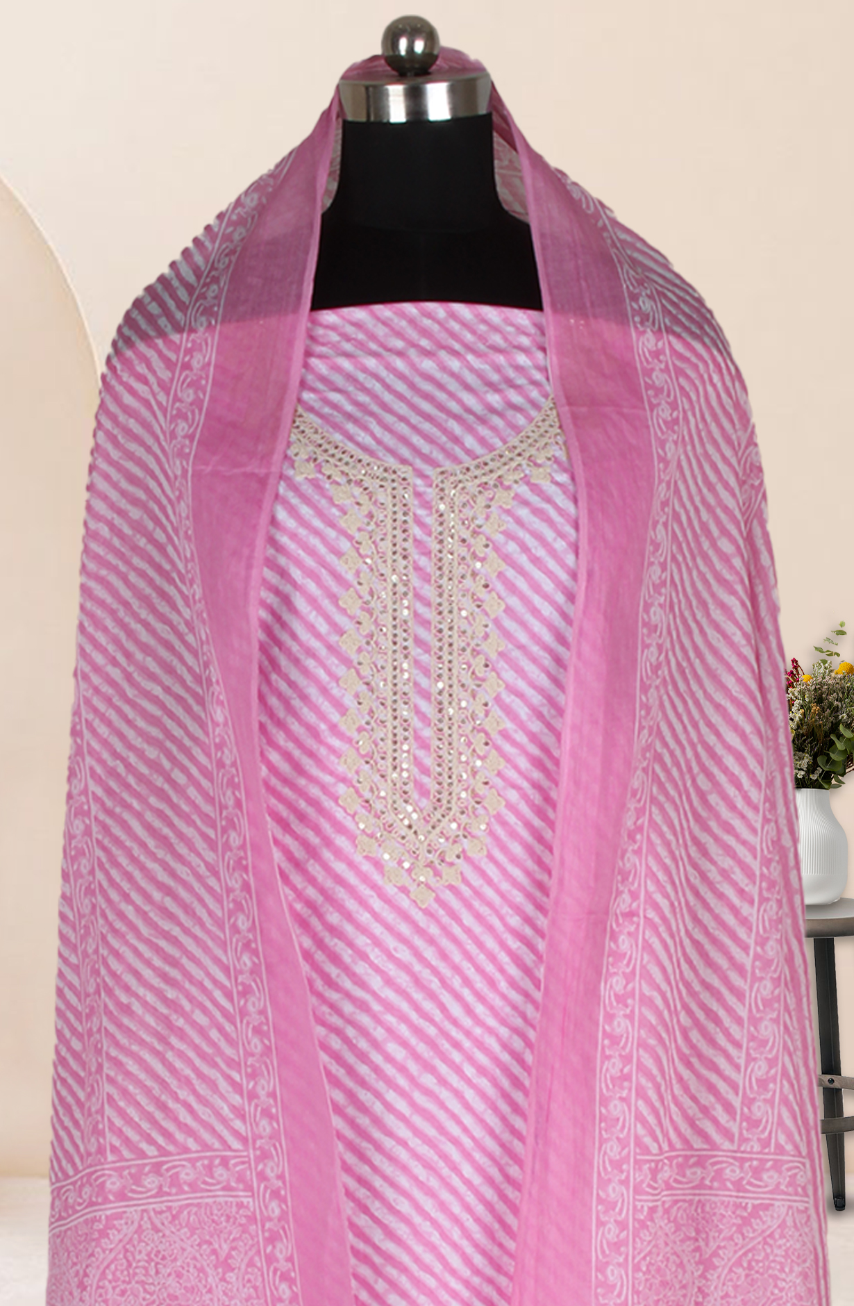 Baby Pink Cotton Embroidered Salwar Suit Fabric with Trendy Dupatta - 983-4402-19A