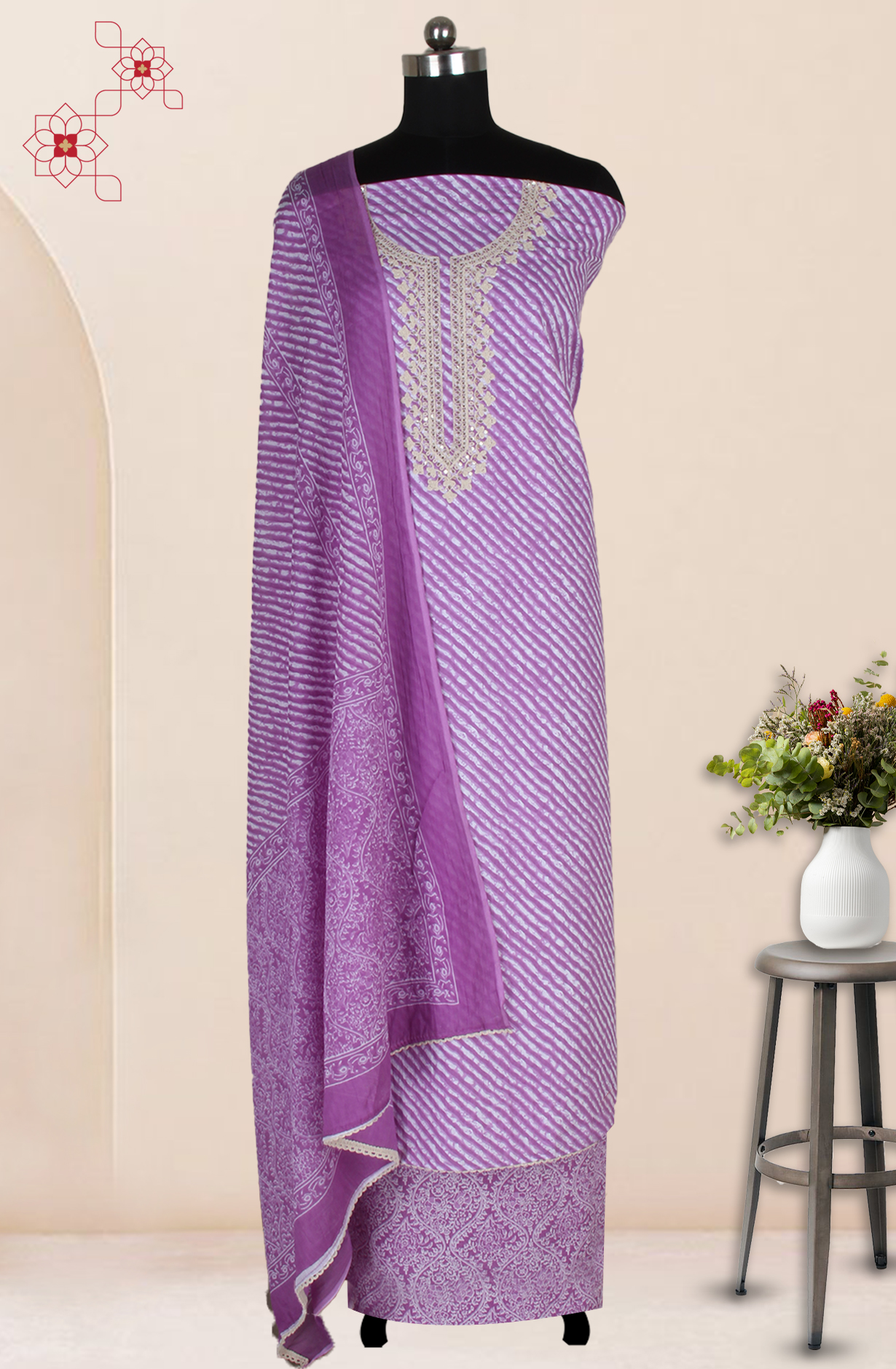 Lavender Cotton Embroidered Salwar Suit Fabric with Trendy Dupatta - 983-4402-19B