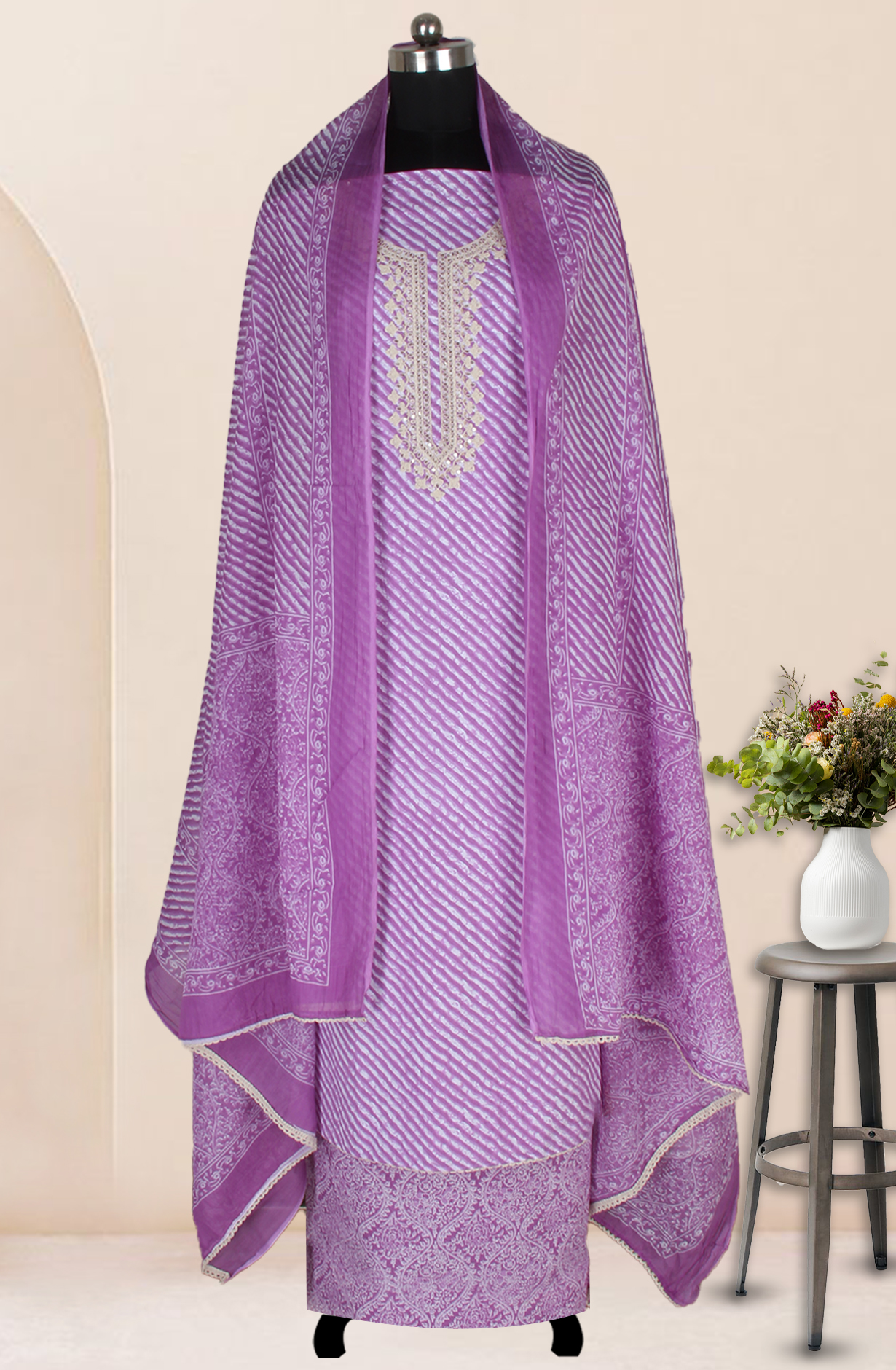 Lavender Cotton Embroidered Salwar Suit Fabric with Trendy Dupatta - 983-4402-19B