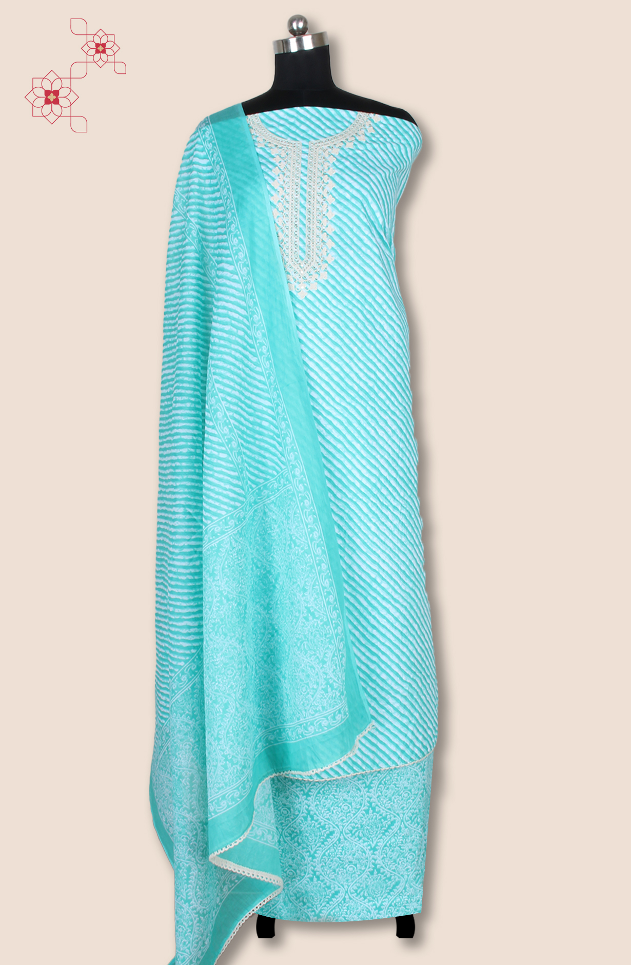 Green Cotton Embroidered Salwar Suit Fabric with Trendy Dupatta - 983-4402-20D