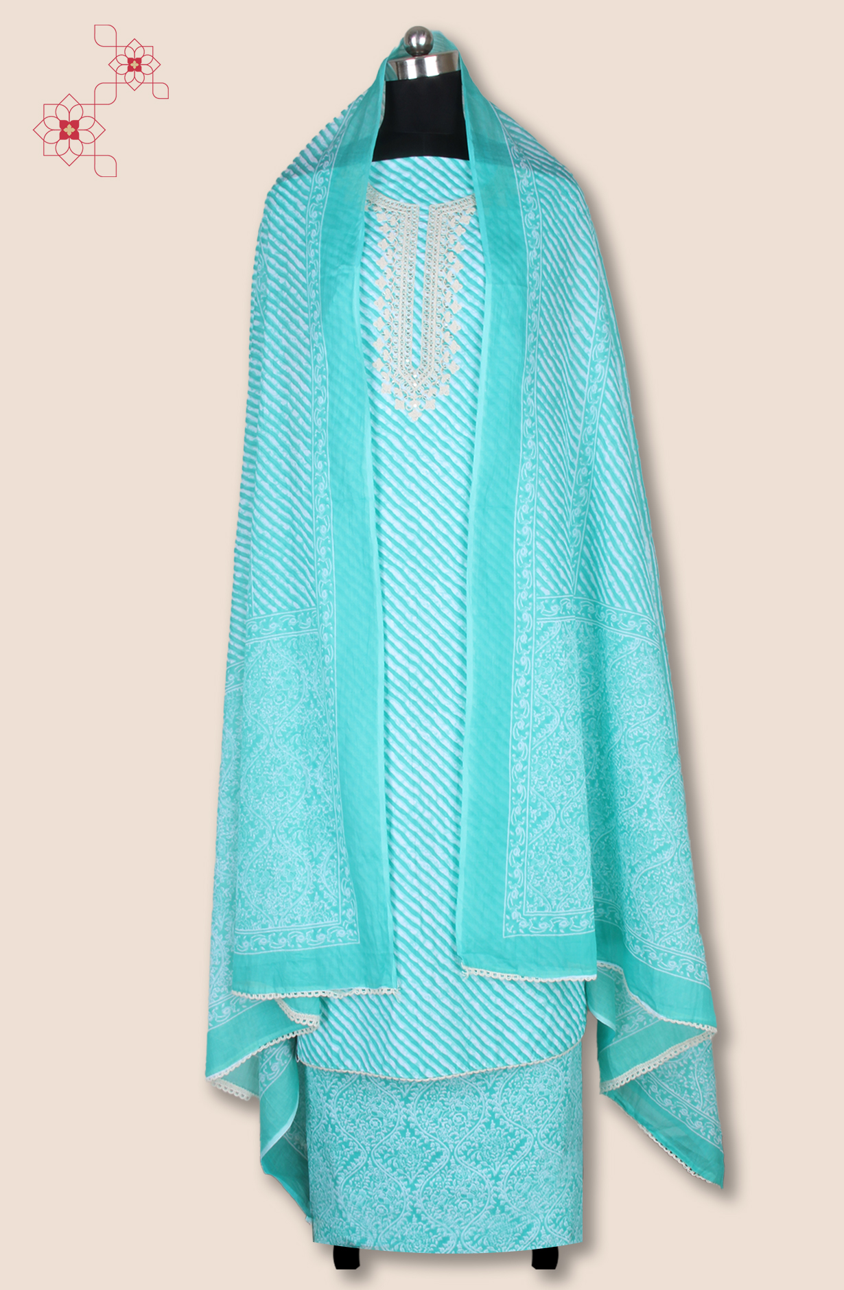 Green Cotton Embroidered Salwar Suit Fabric with Trendy Dupatta - 983-4402-20D