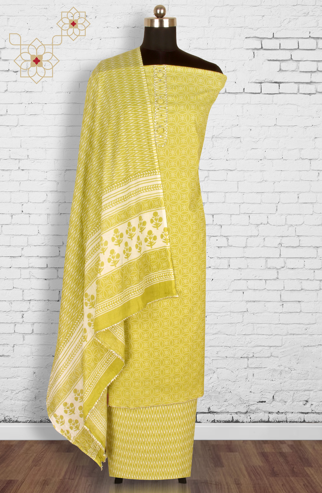 Parrot Green Cotton Printed Salwar Suit with Dupatta - 983-4406A
