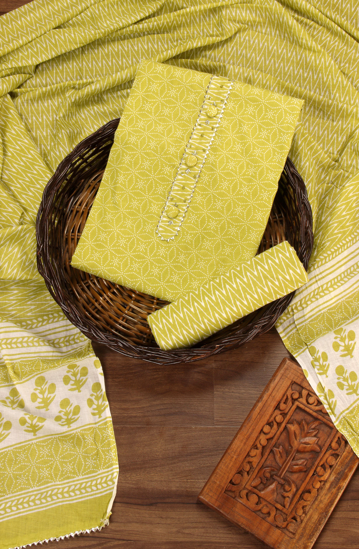 Parrot Green Cotton Printed Salwar Suit with Dupatta - 983-4406A