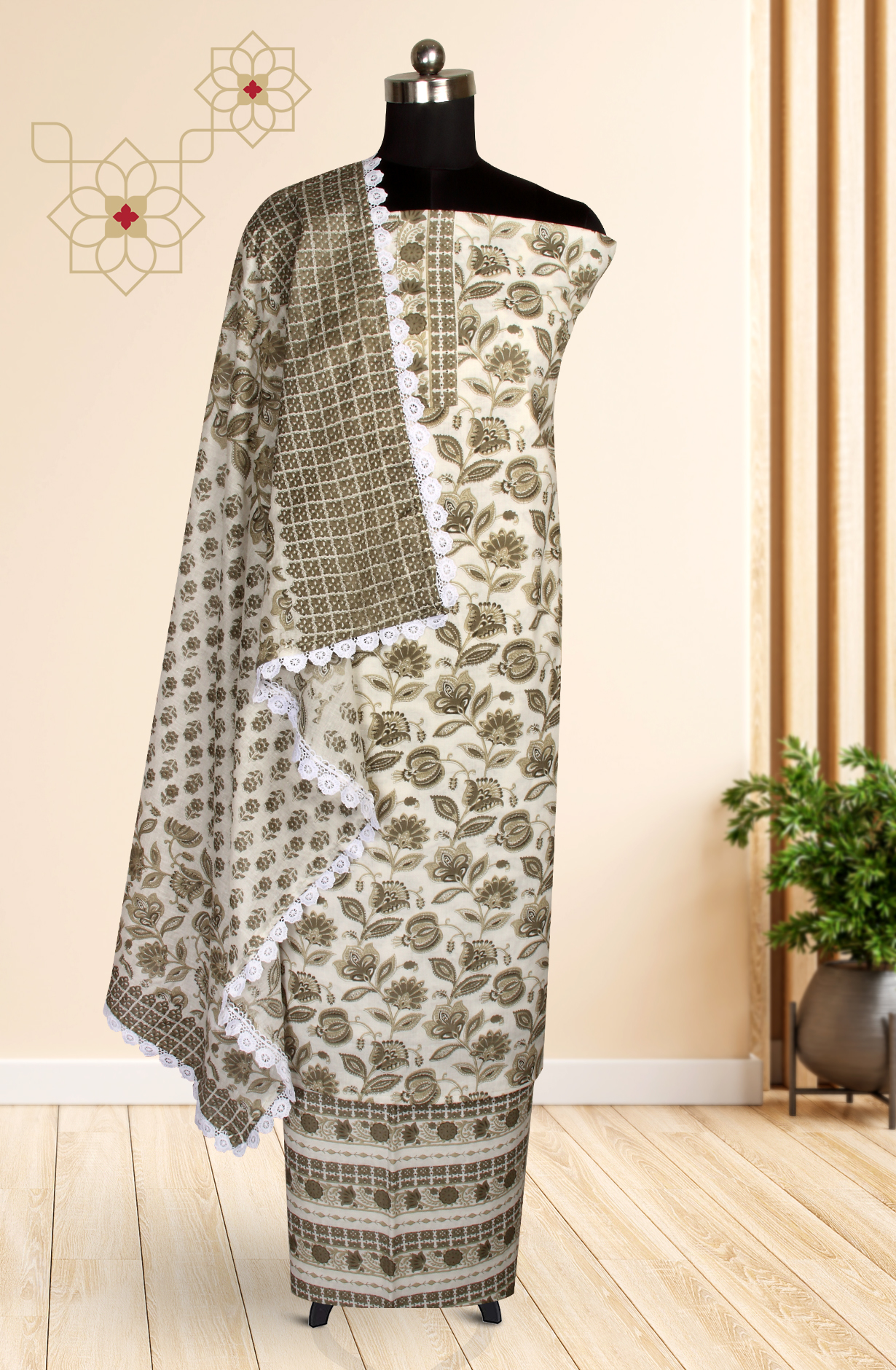 Mehndi Cotton Printed Unstitched Salwar Suit - 983-4408