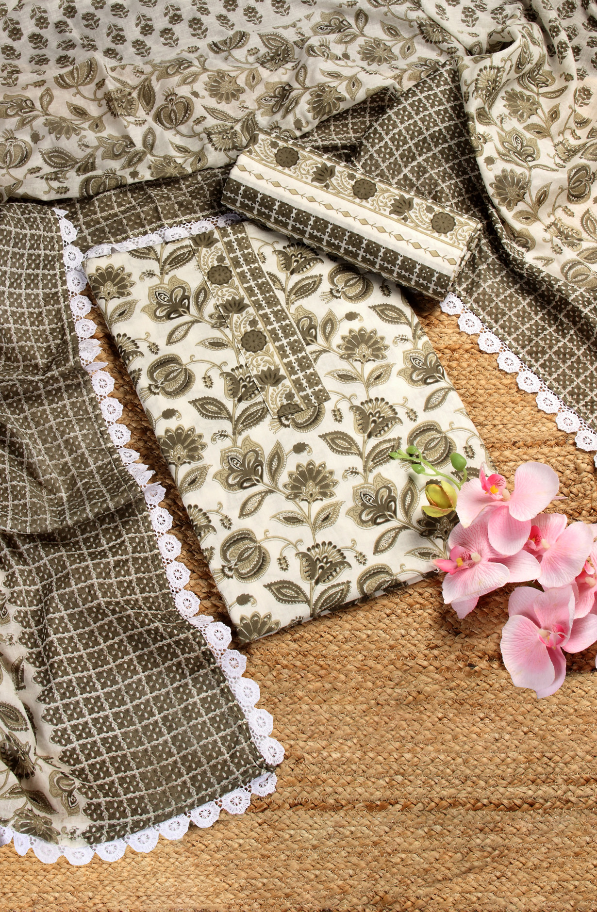 Mehndi Cotton Printed Unstitched Salwar Suit - 983-4408