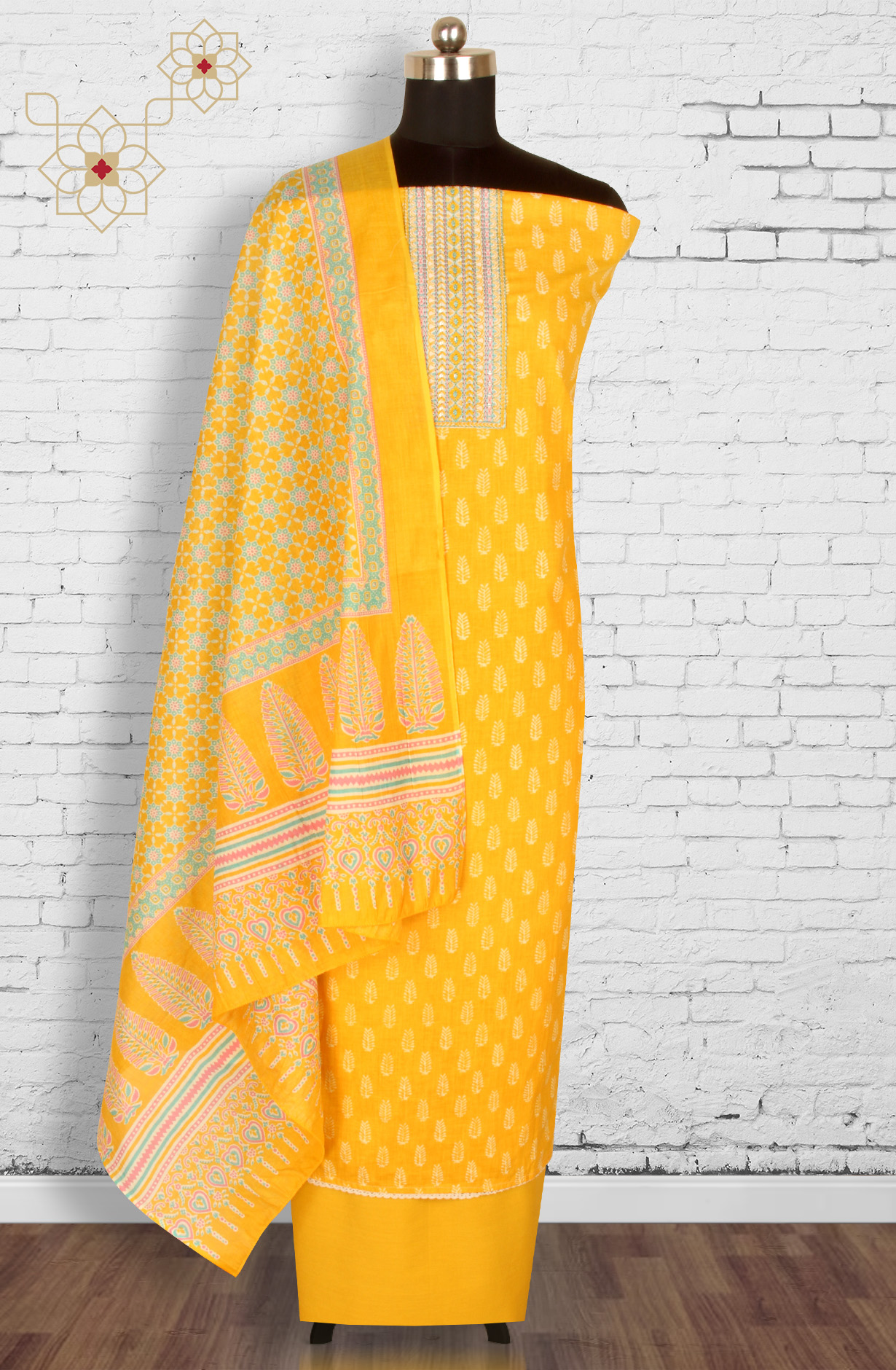 Mustard Cotton Printed Unstitched Salwar Kameez - 983-4415A