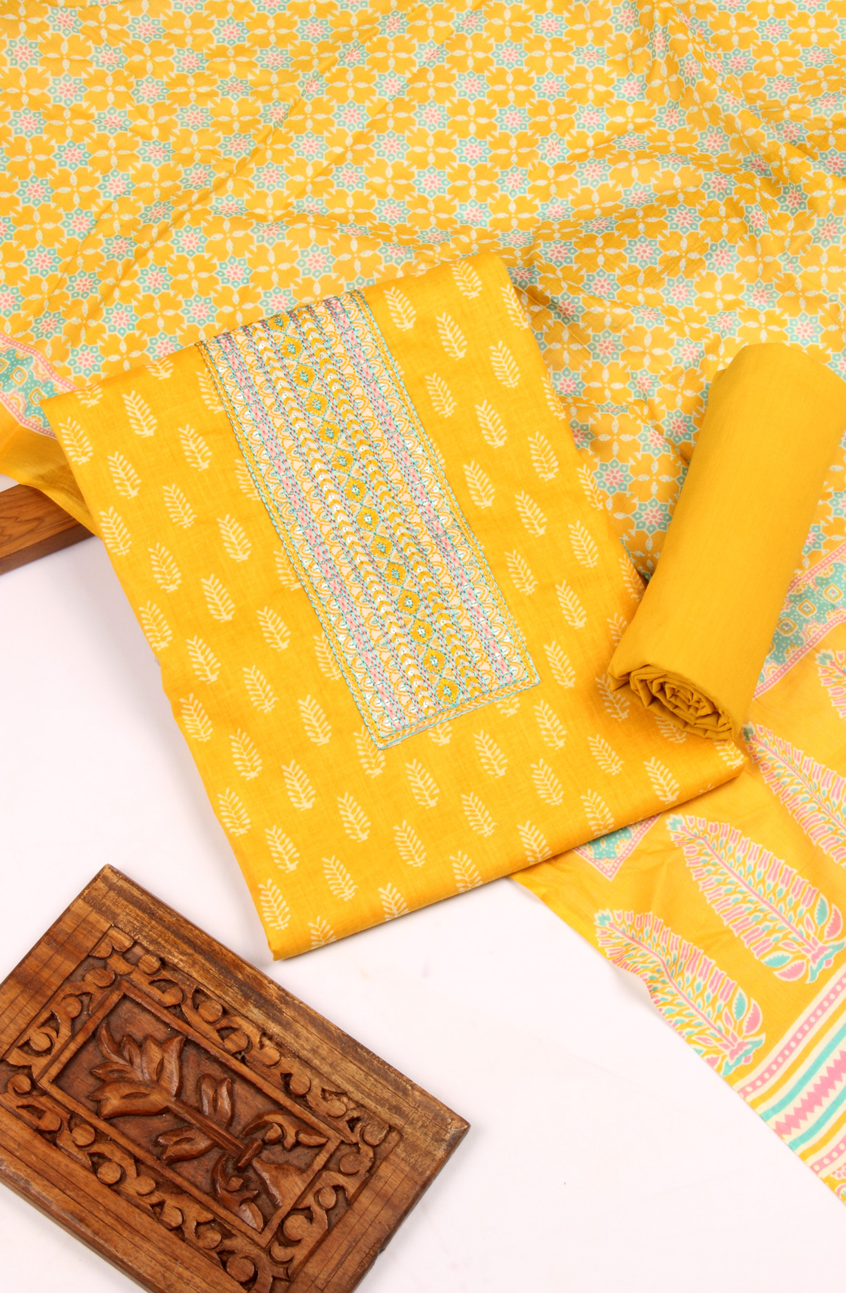 Mustard Cotton Printed Unstitched Salwar Kameez - 983-4415A