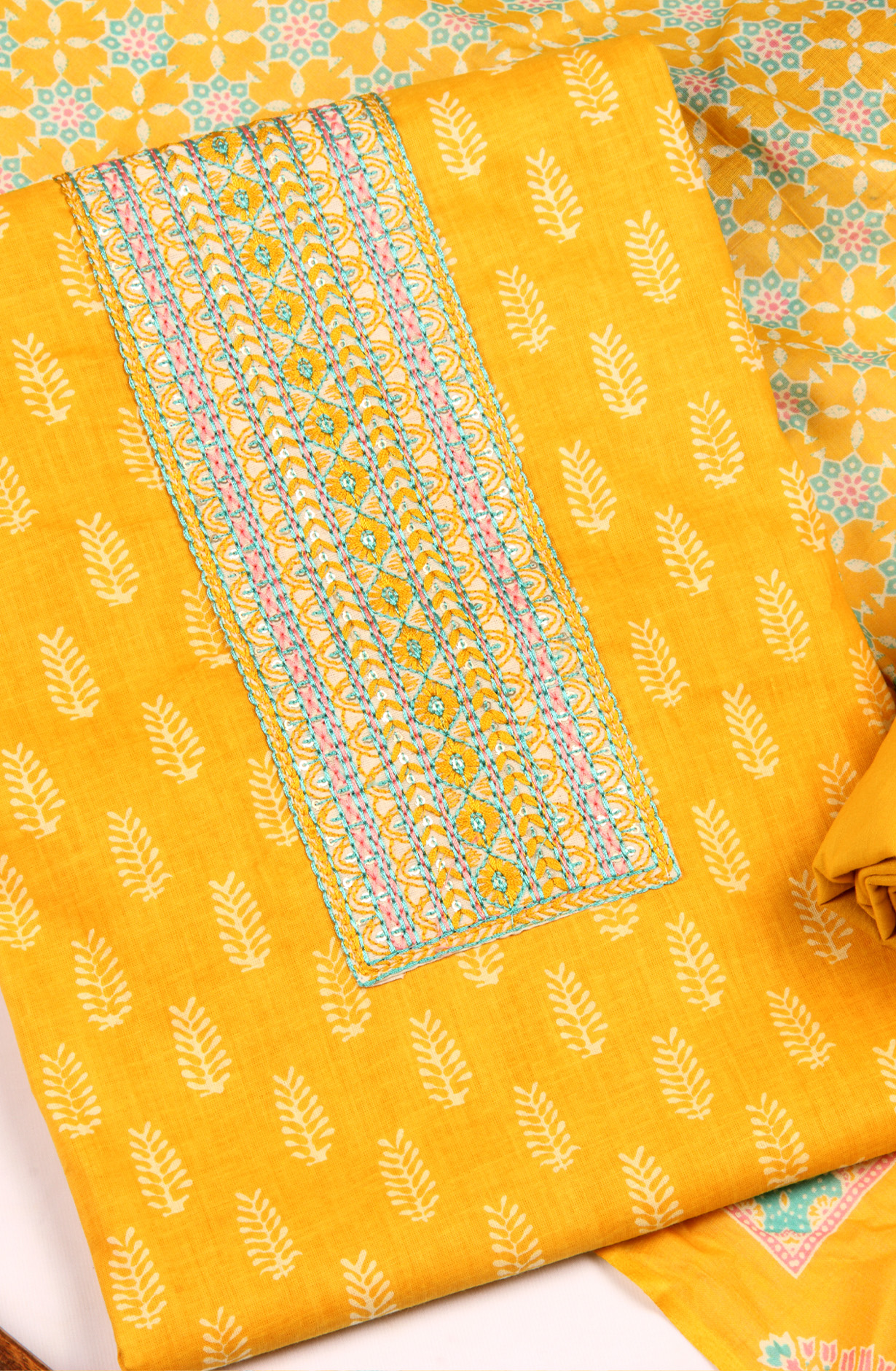 Mustard Cotton Printed Unstitched Salwar Kameez - 983-4415A