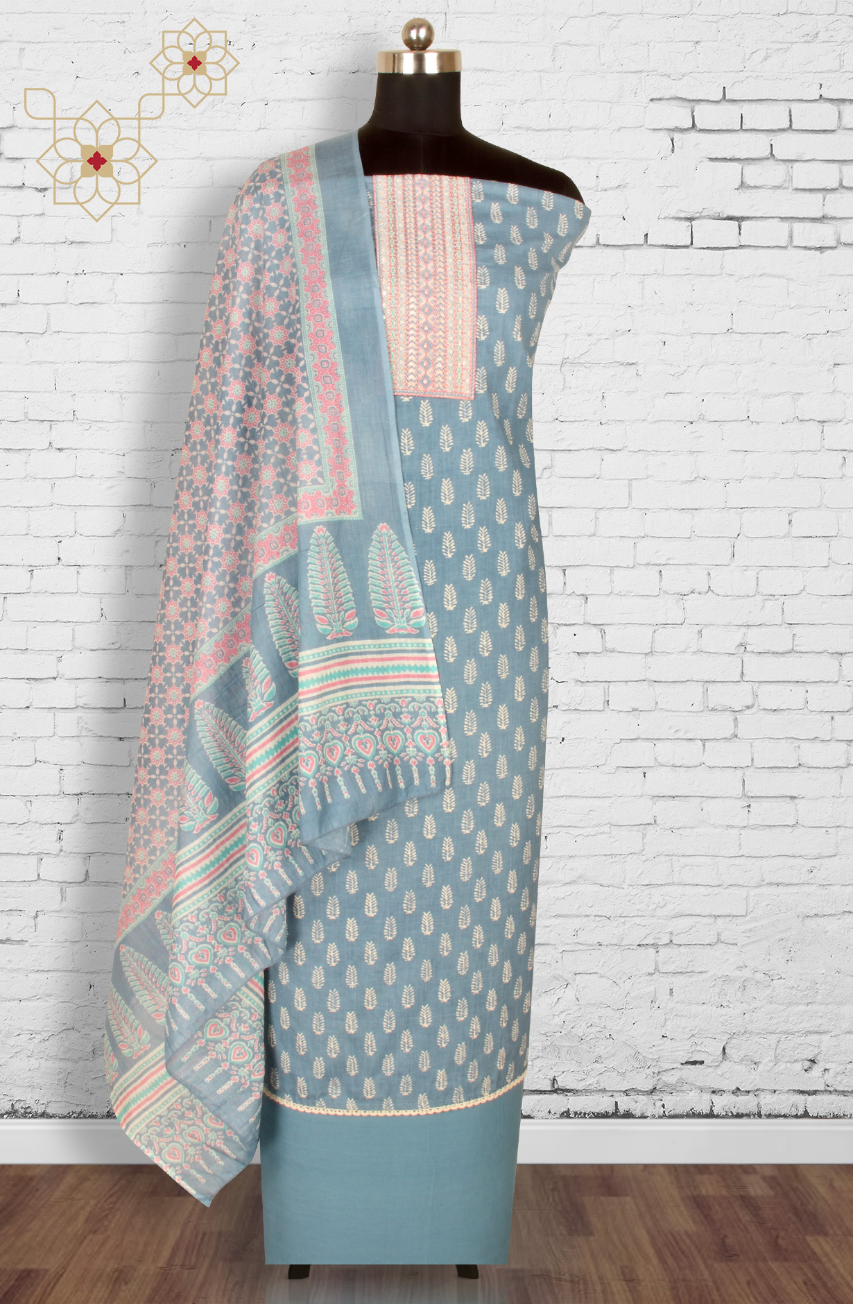 Pastel Blue Cotton Printed Unstitched Salwar Kameez - 983-4415C