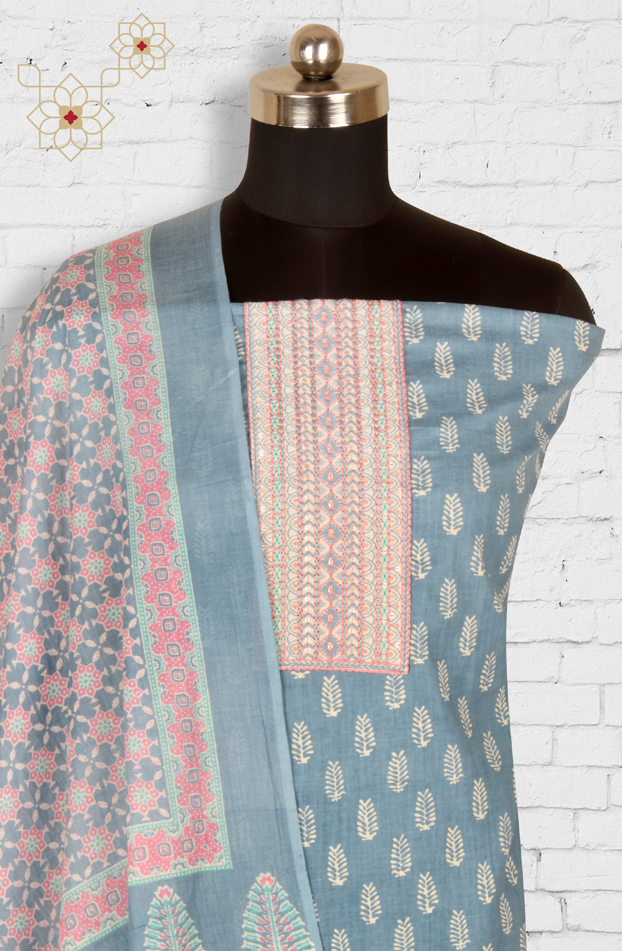 Pastel Blue Cotton Printed Unstitched Salwar Kameez - 983-4415C