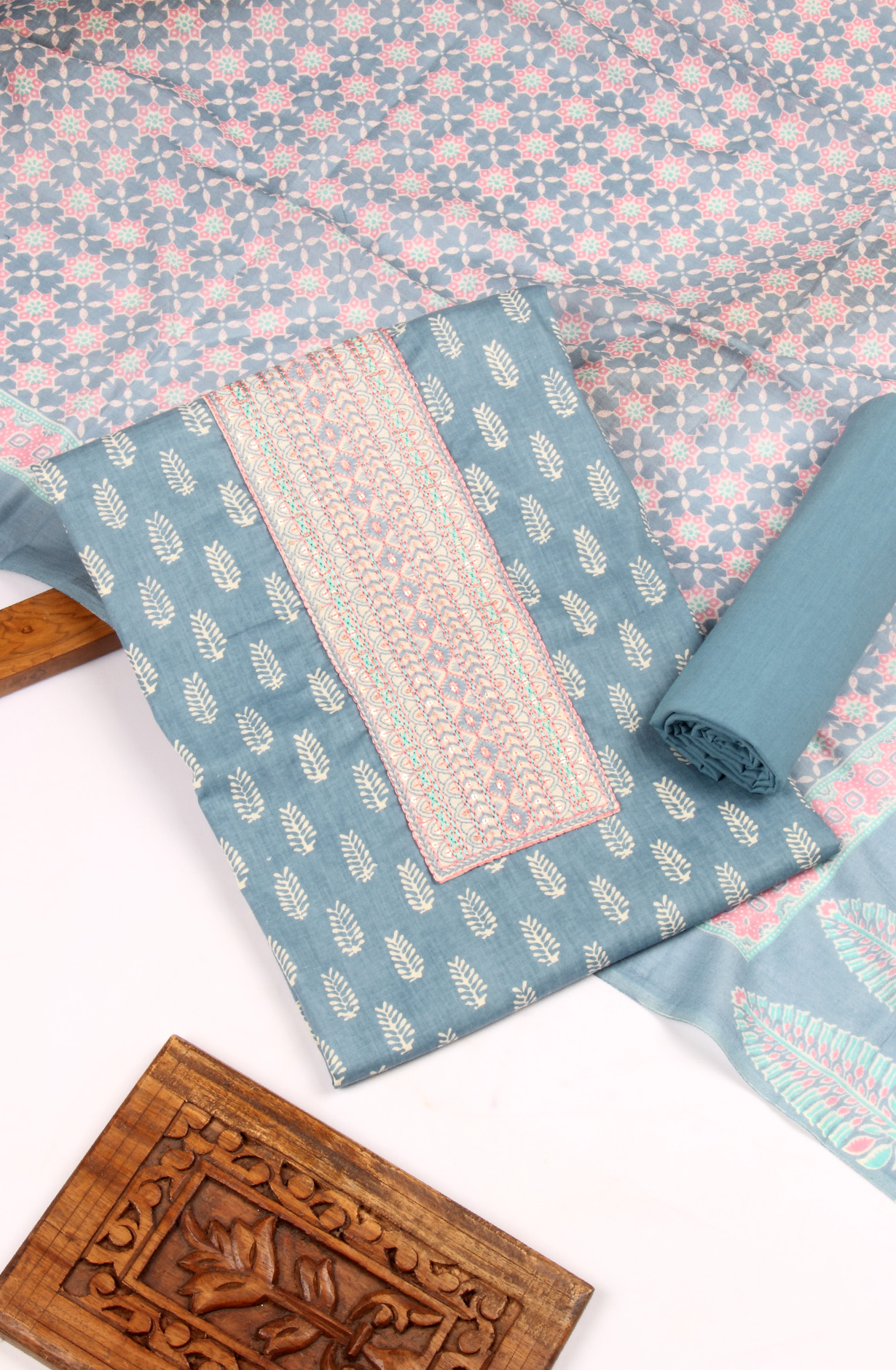 Pastel Blue Cotton Printed Unstitched Salwar Kameez - 983-4415C