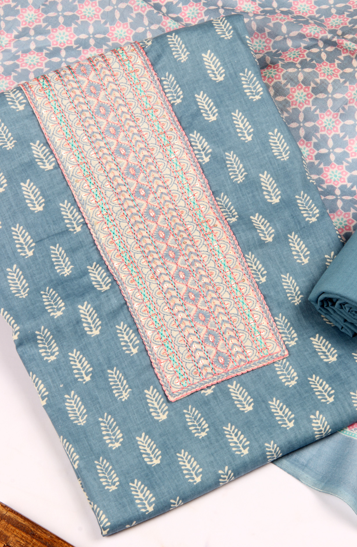 Pastel Blue Cotton Printed Unstitched Salwar Kameez - 983-4415C