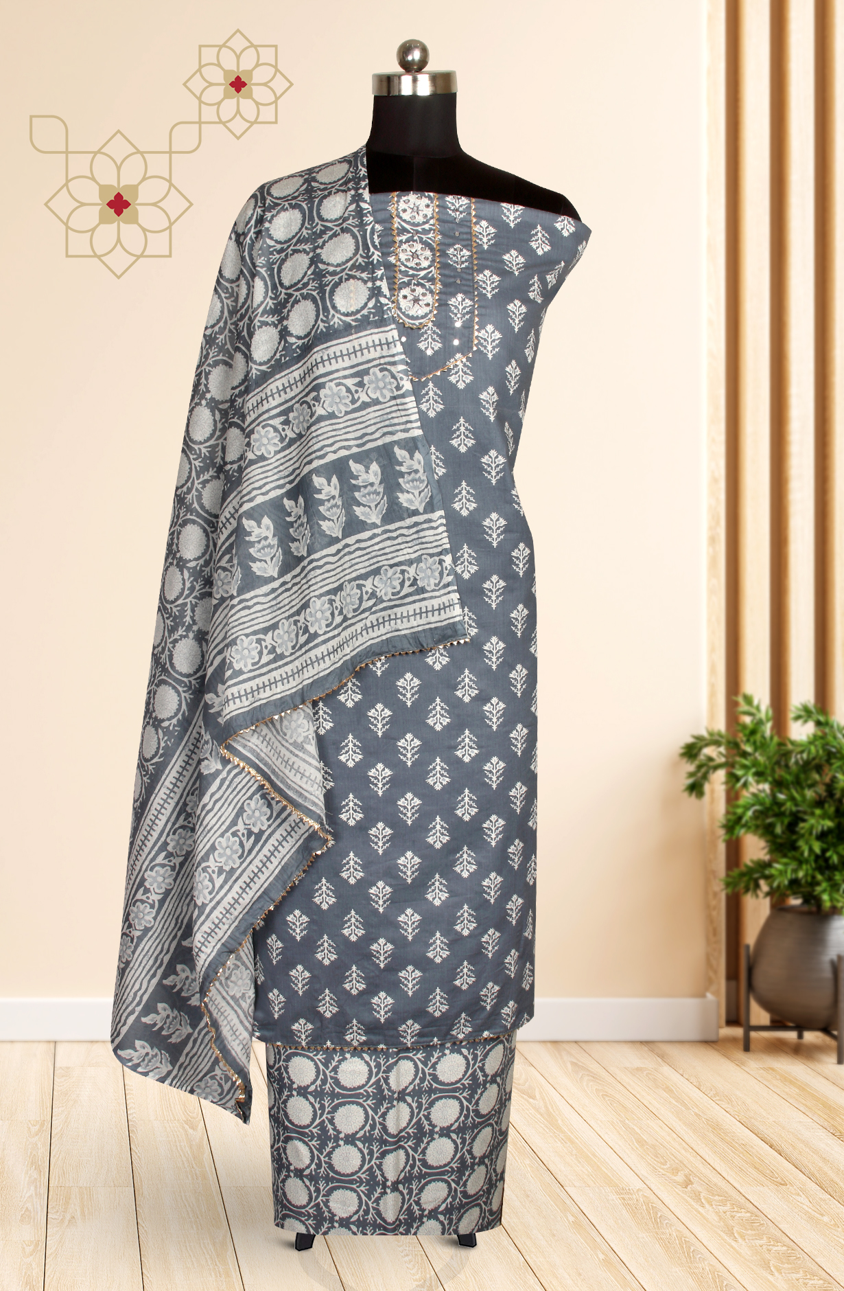 Grey Cotton Printed Unstitched Salwar Suit - 983-4467