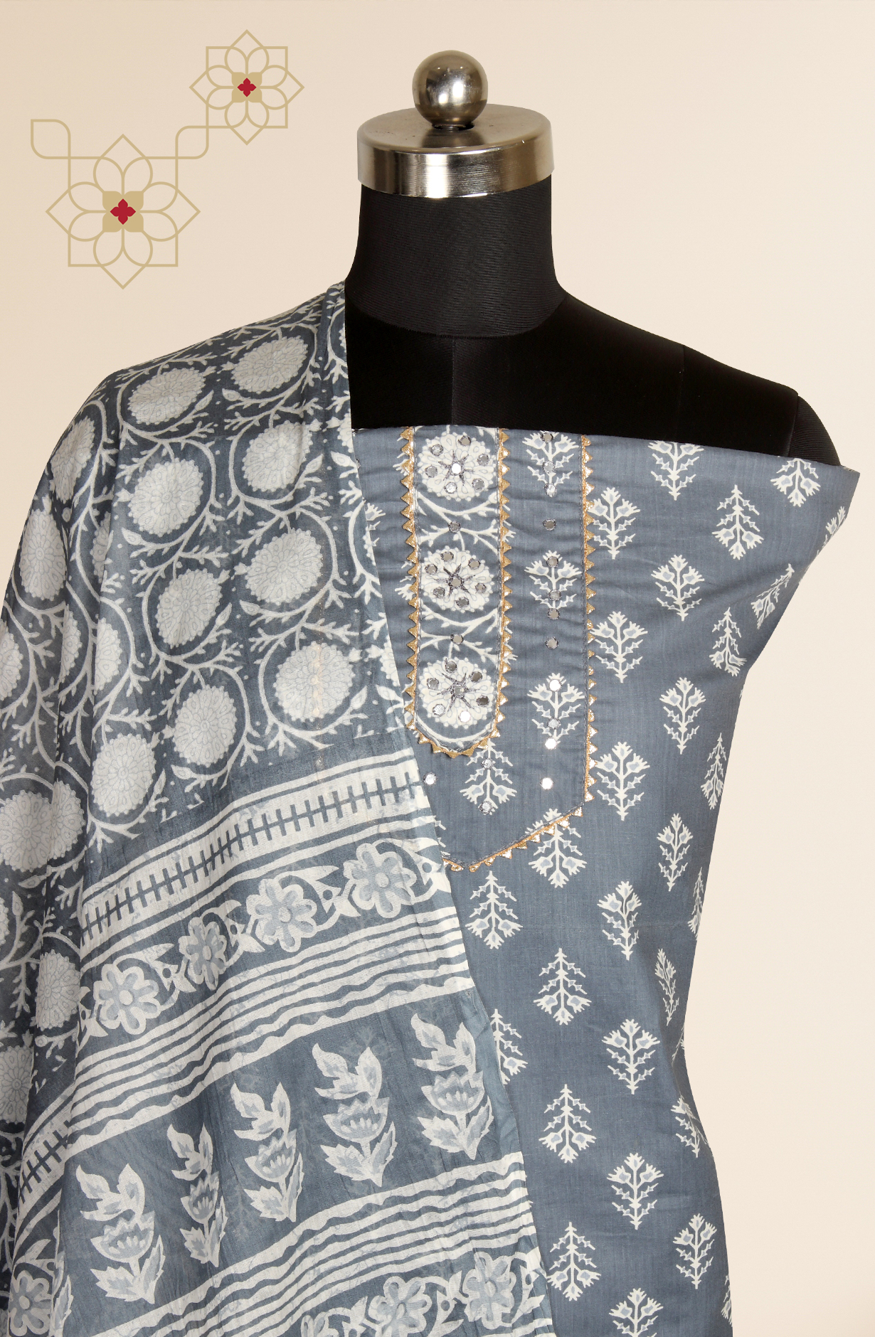 Grey Cotton Printed Unstitched Salwar Suit - 983-4467