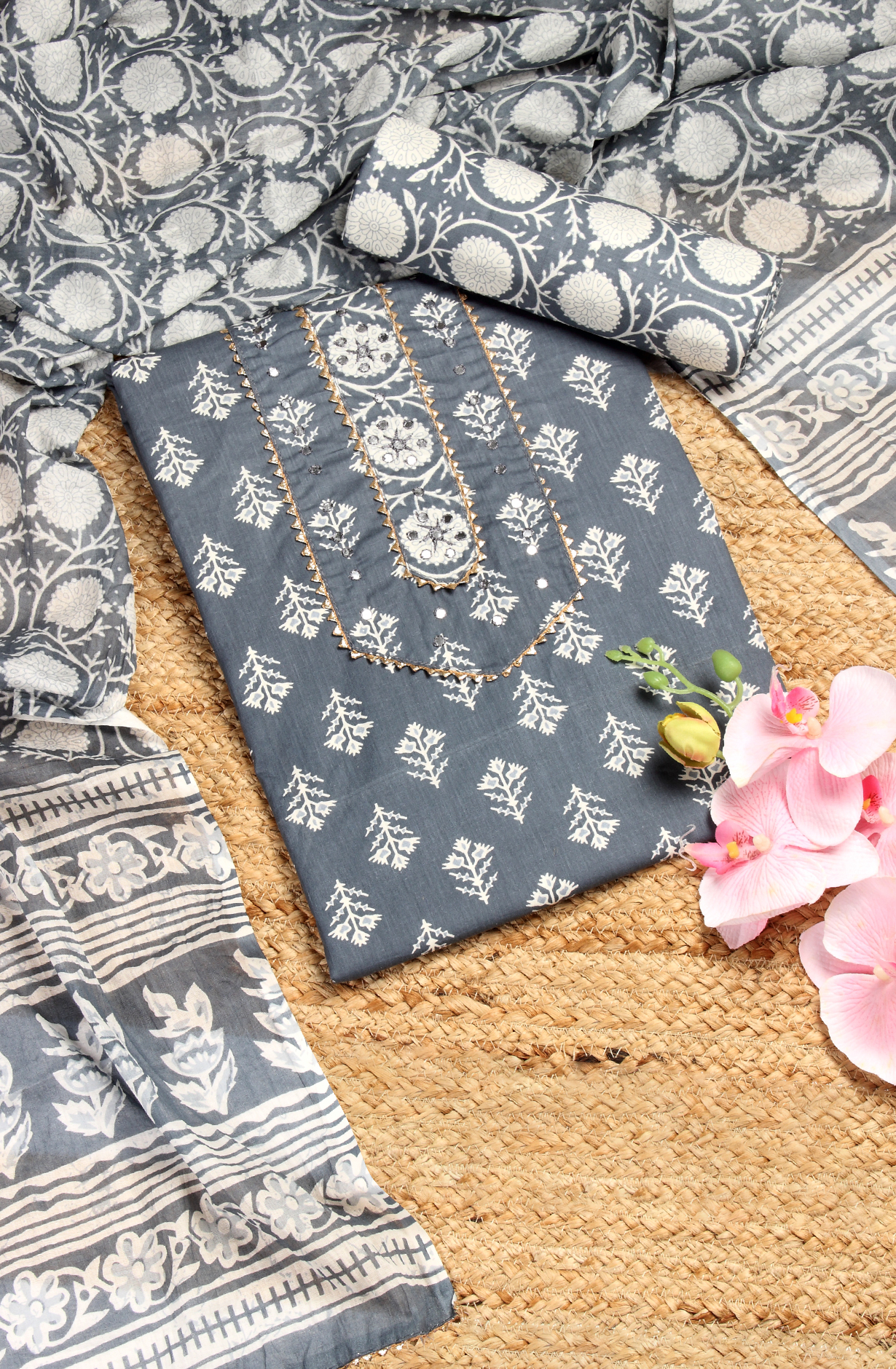 Grey Cotton Printed Unstitched Salwar Suit - 983-4467