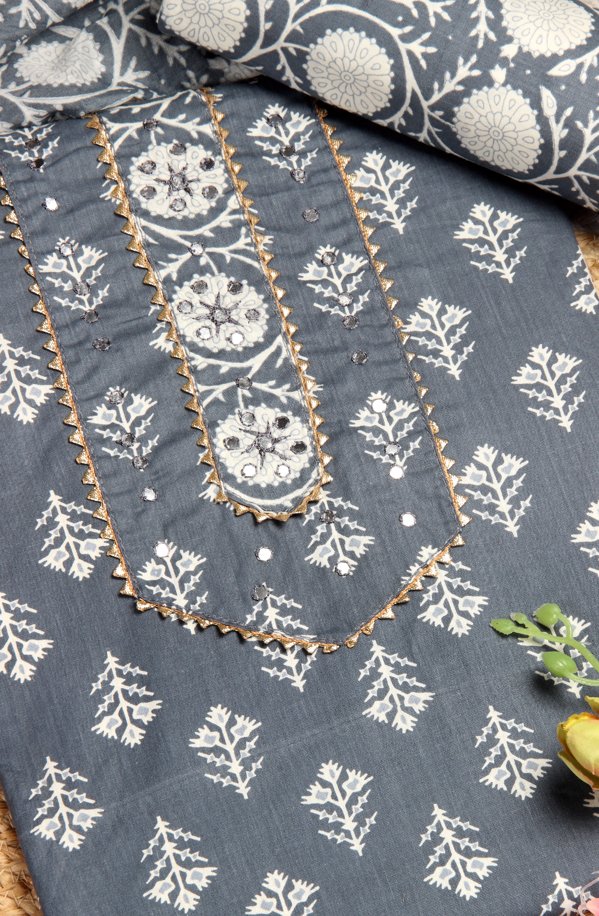 Grey Cotton Printed Unstitched Salwar Suit - 983-4467