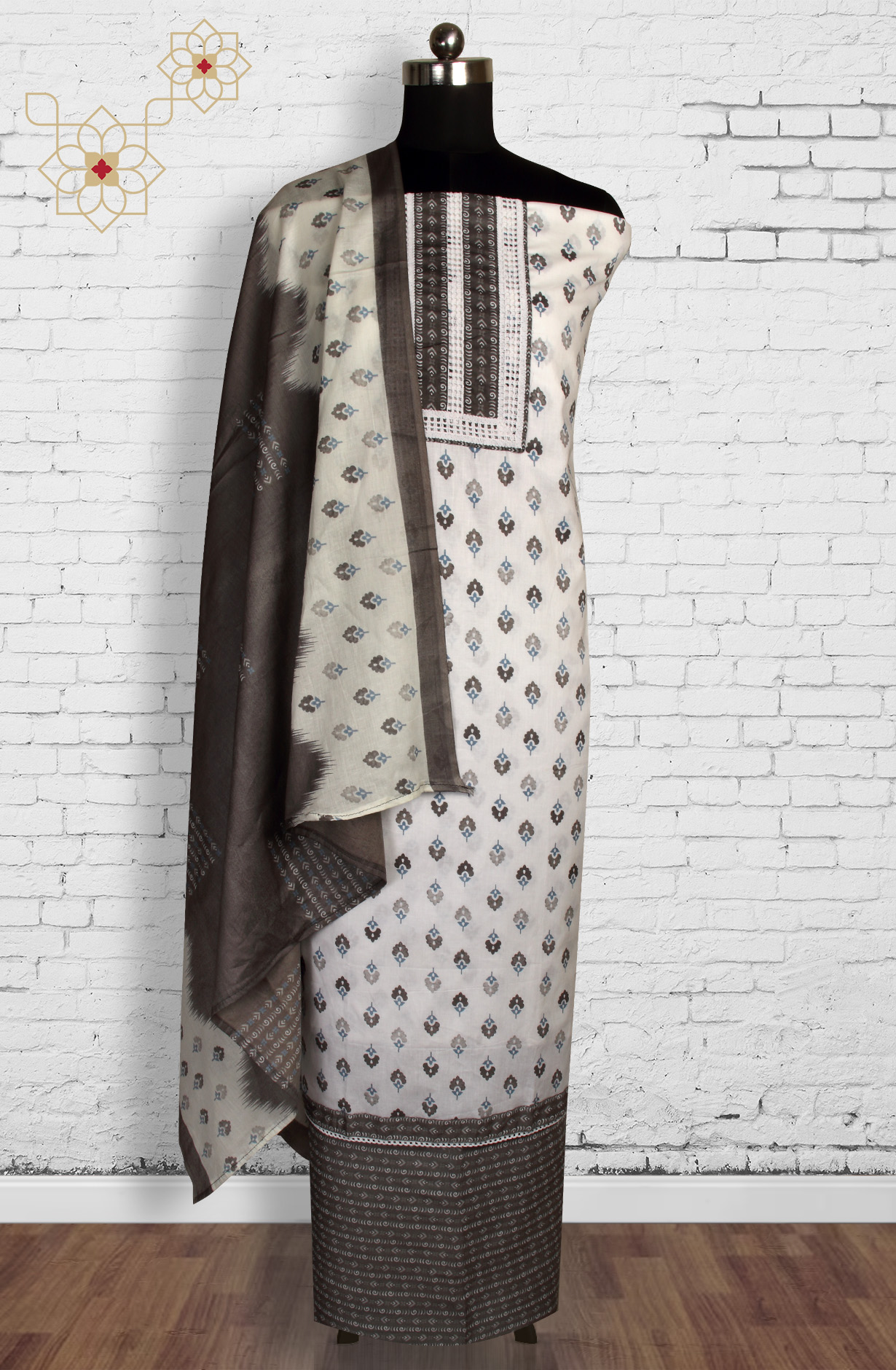 Cream and Grey Cotton Printed Unstitched Dress Material - 983-4508