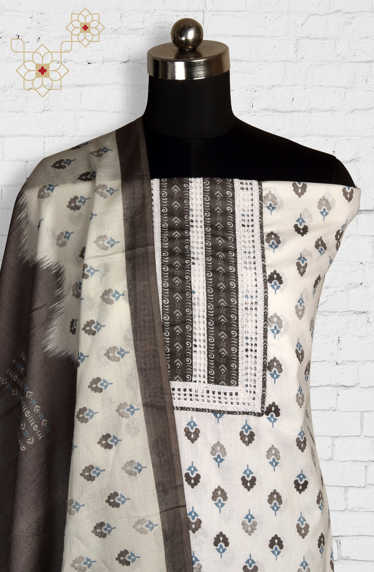 Cream and Grey Cotton Printed Unstitched Dress Material - 983-4508