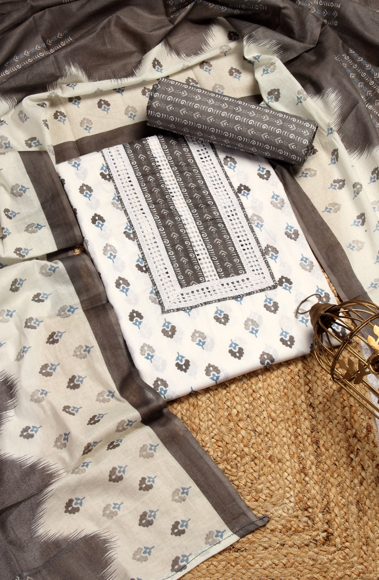 Cream and Grey Cotton Printed Unstitched Dress Material - 983-4508