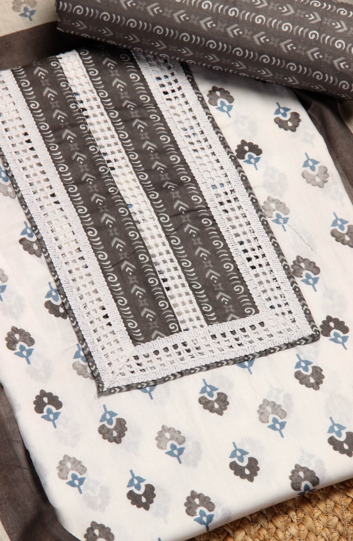 Cream and Grey Cotton Printed Unstitched Dress Material - 983-4508